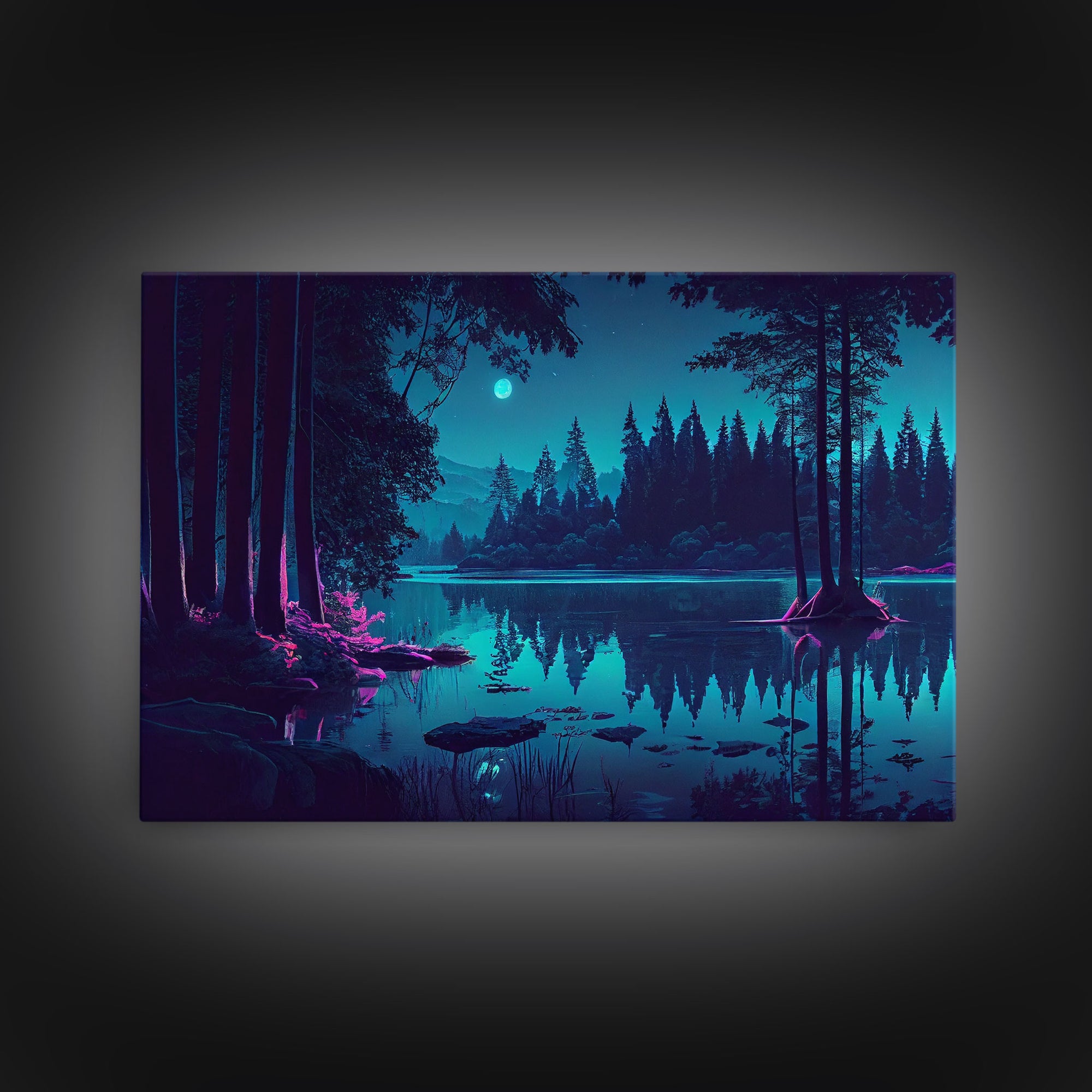 Vaporwave Full moon over the lake at midnight, framed canvas print, subdued art, watercolor painting print