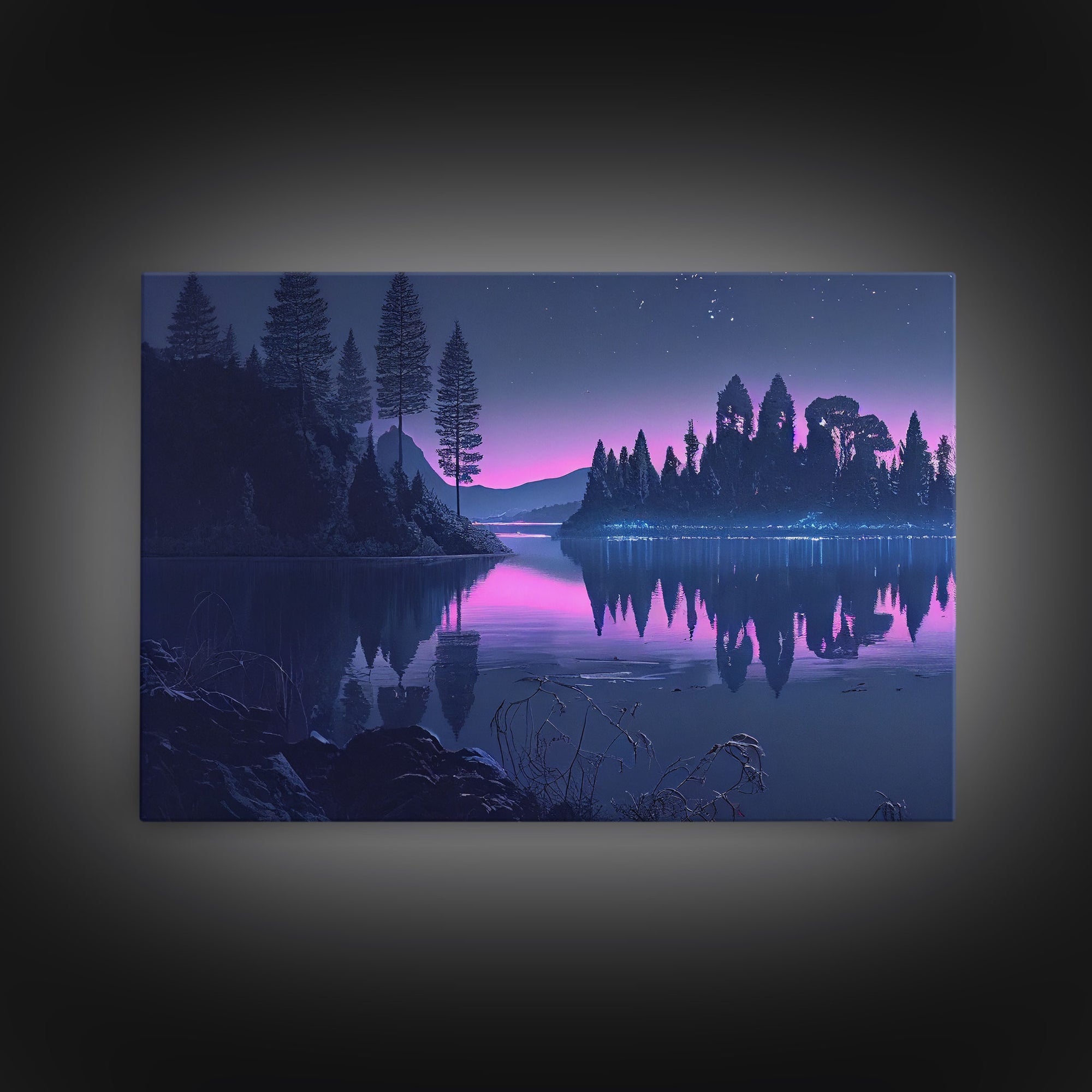 Reflections on the lake at midnight, framed canvas print, vaporwave aesthetic, purple sky