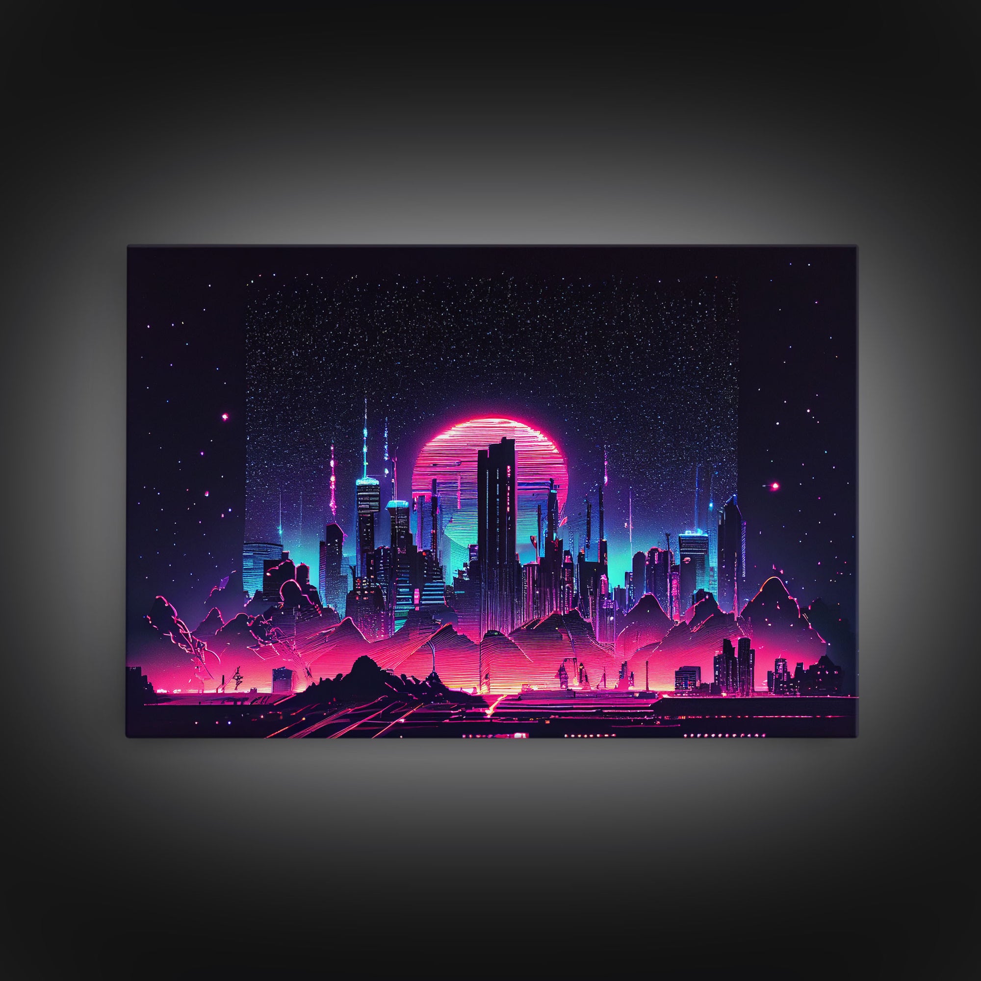 Cyberpunk city skyline superimposed over a sunset, synthwave style dystopian  art, framed canvas print