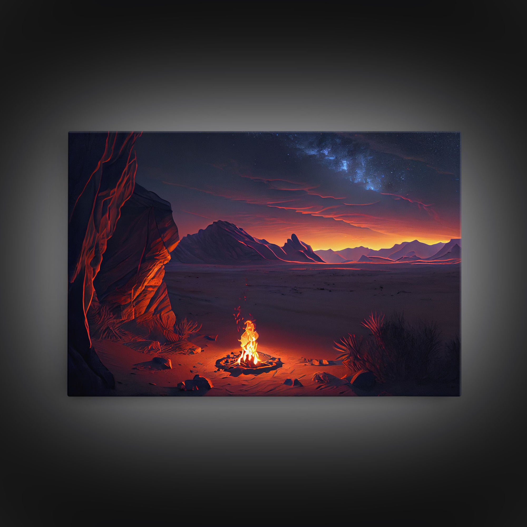 Watercolor of a prehistoric campfire, primitive art, framed canvas print