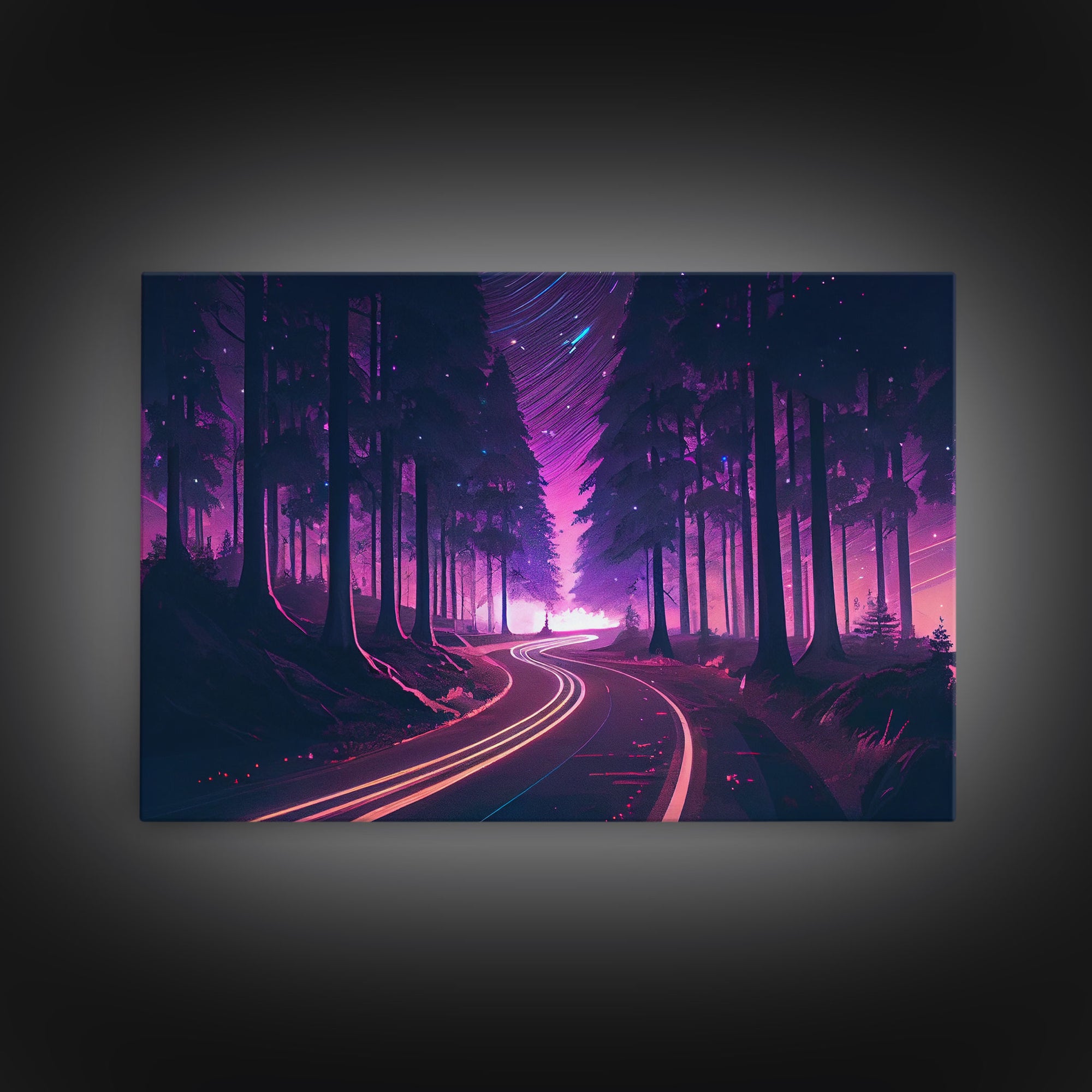 Northern Lights Purple Landscape Trees Road Swirling Stars Fine Art Print, Wall Decor, Wall Poster, Wall Art Print