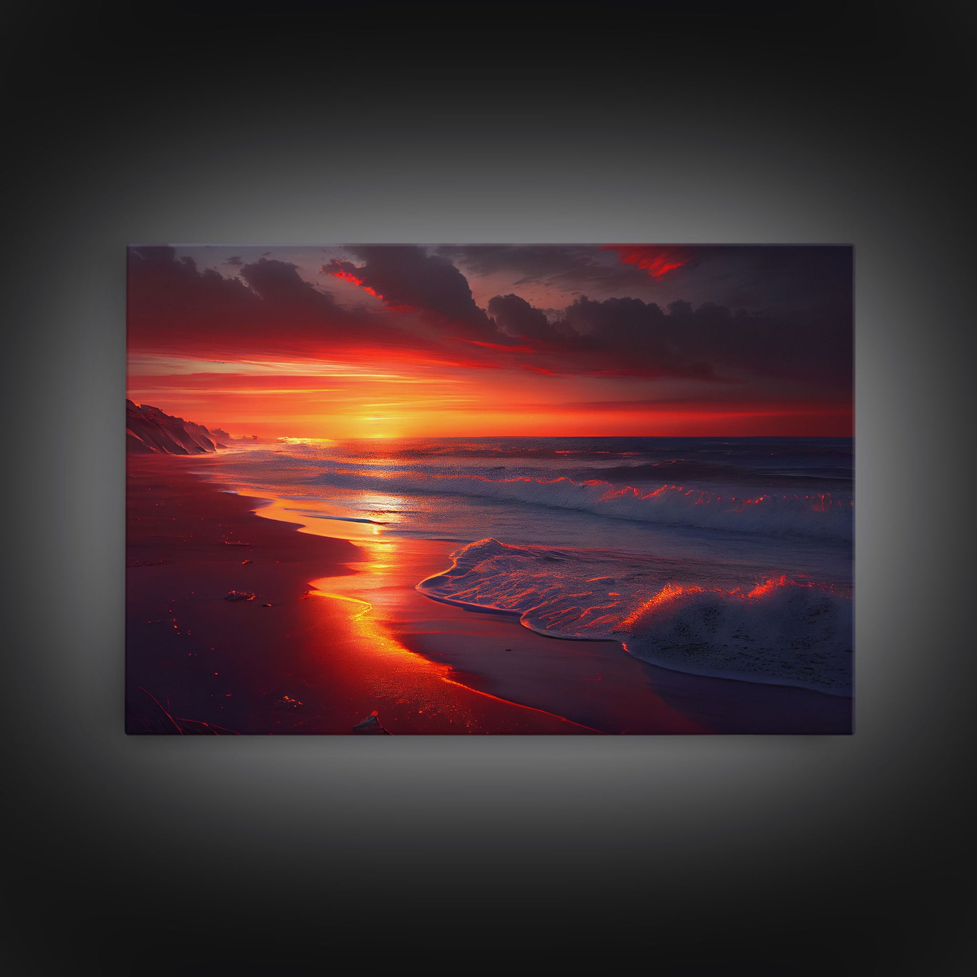 High tide slowly rolling in at sunset, beautiful beach art, framed canvas print