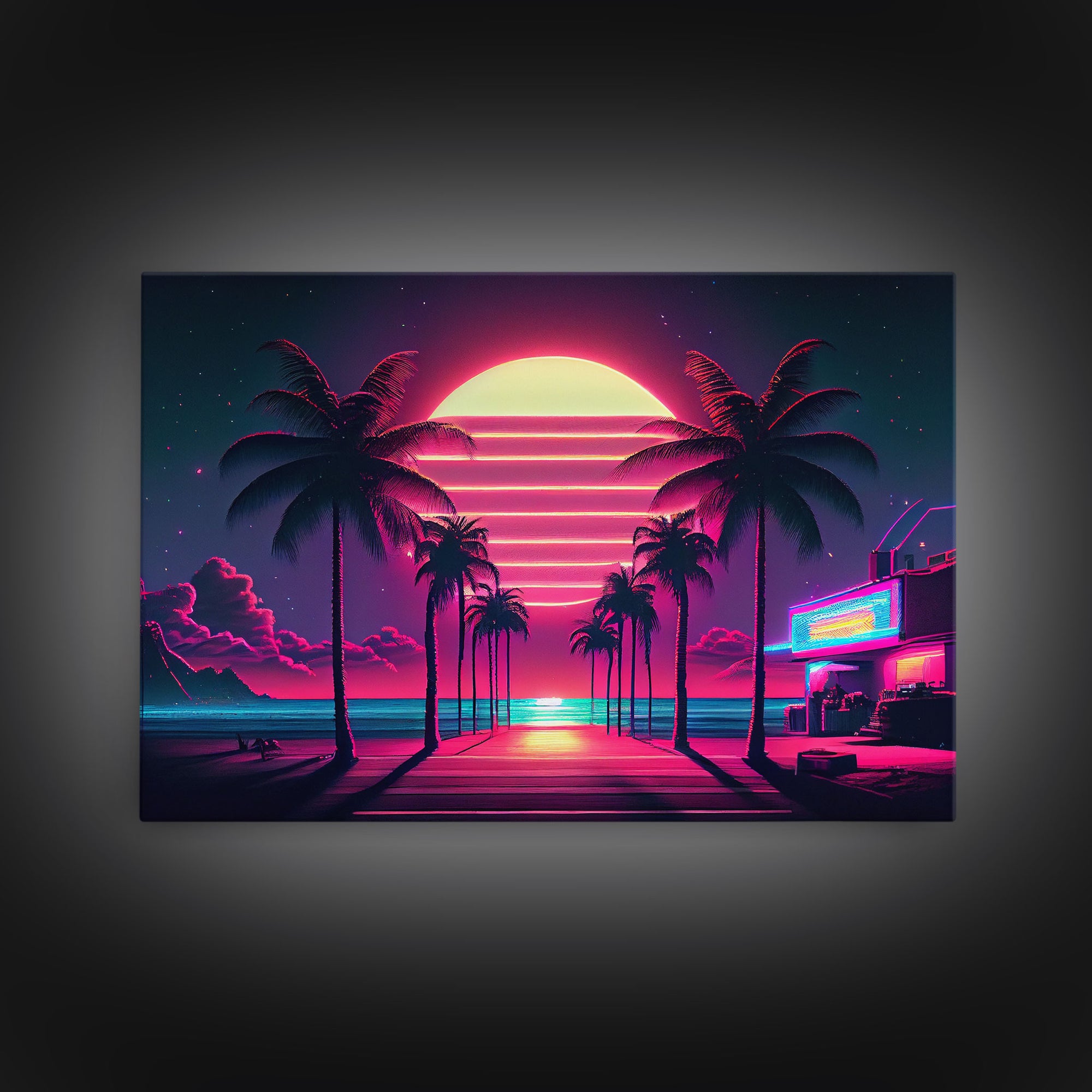 The Neon Boardwalk, Florida Synthwave Sunset, framed canvas print, retro style Miami vibes art