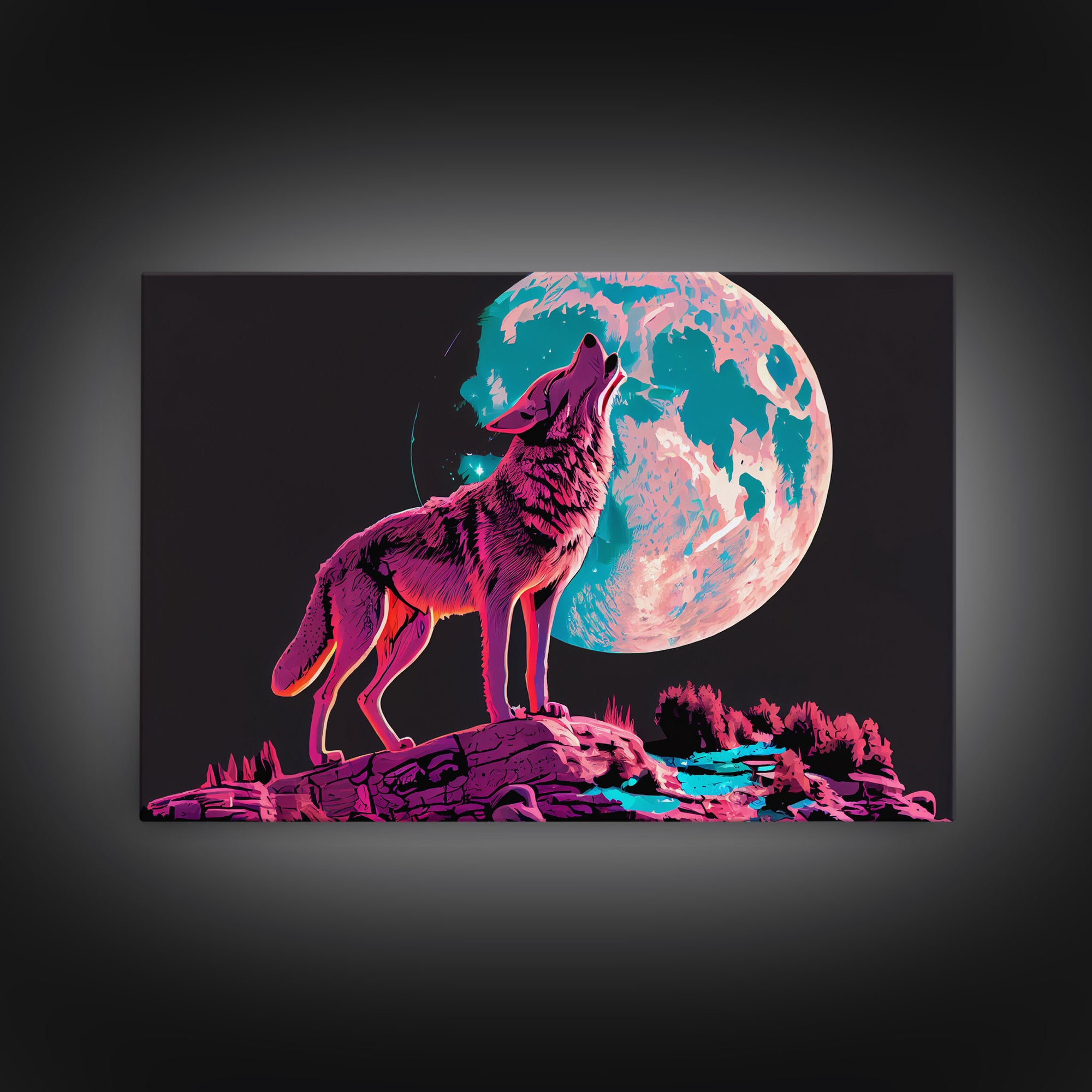 Howl at the moon, wolf art, framed canvas print, synthwave / vaporwave art