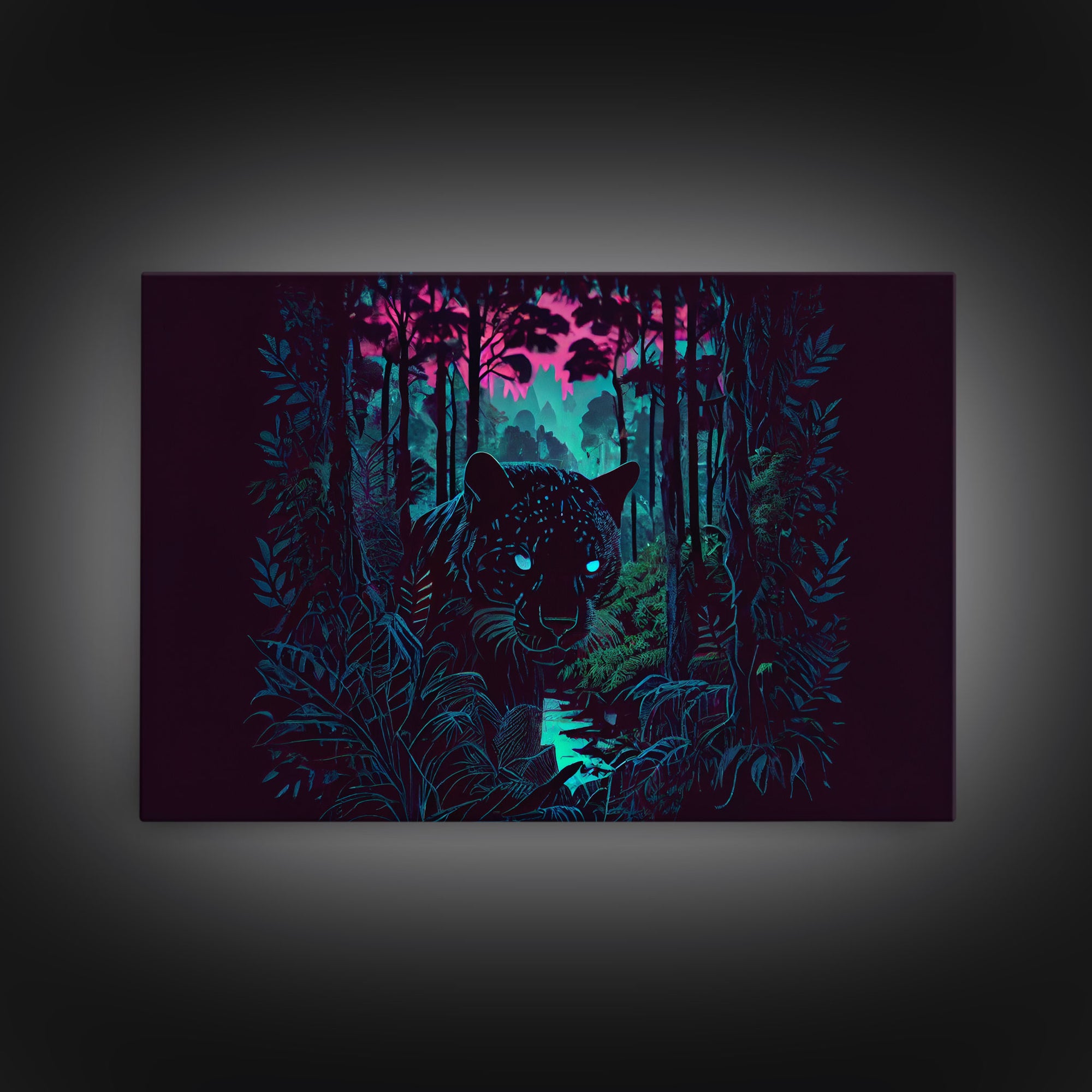 Panther in the jungle, framed canvas print, synthwave / vaporwave art