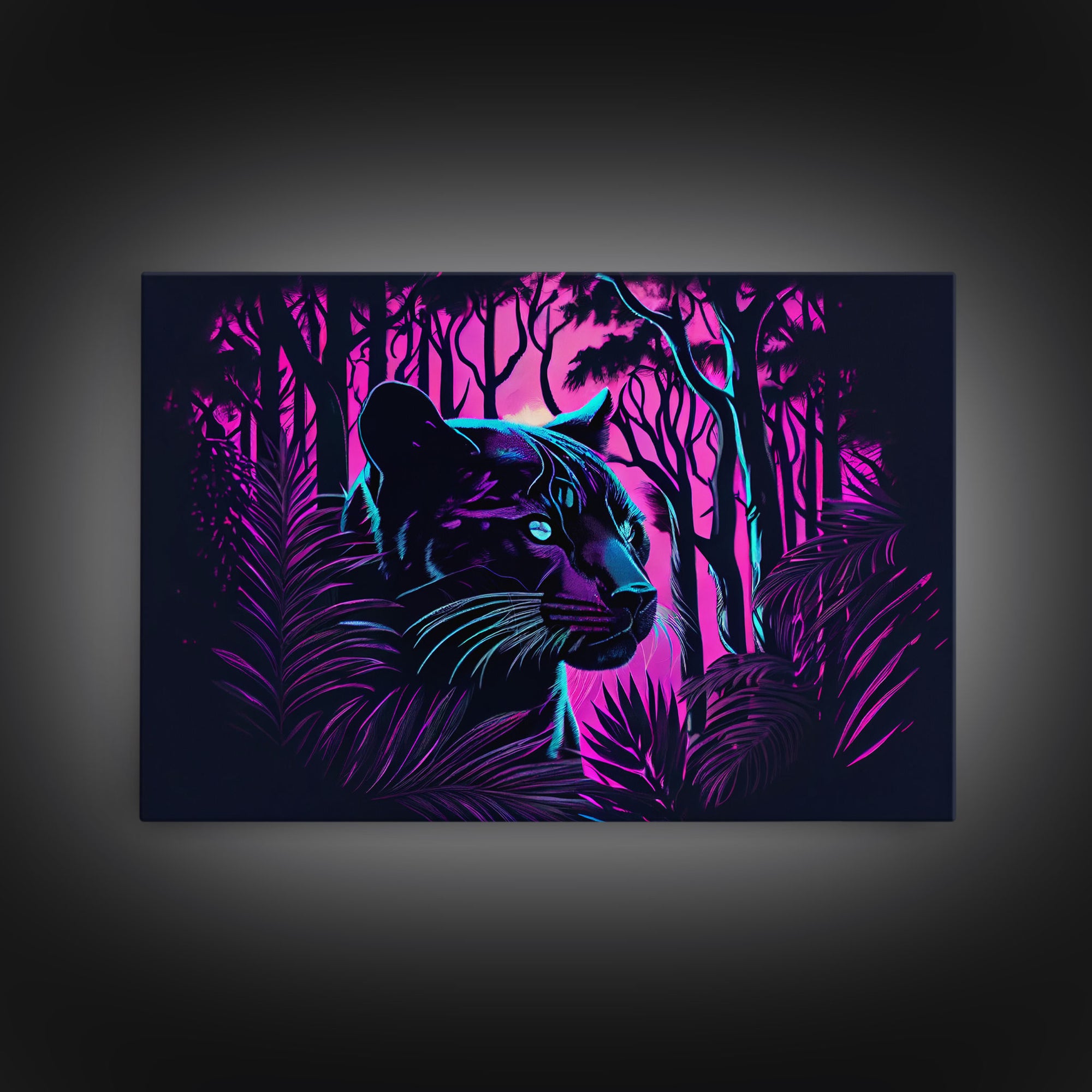 Vaporwave art,  framed canvas print, Jungle Panther synthwave portrait