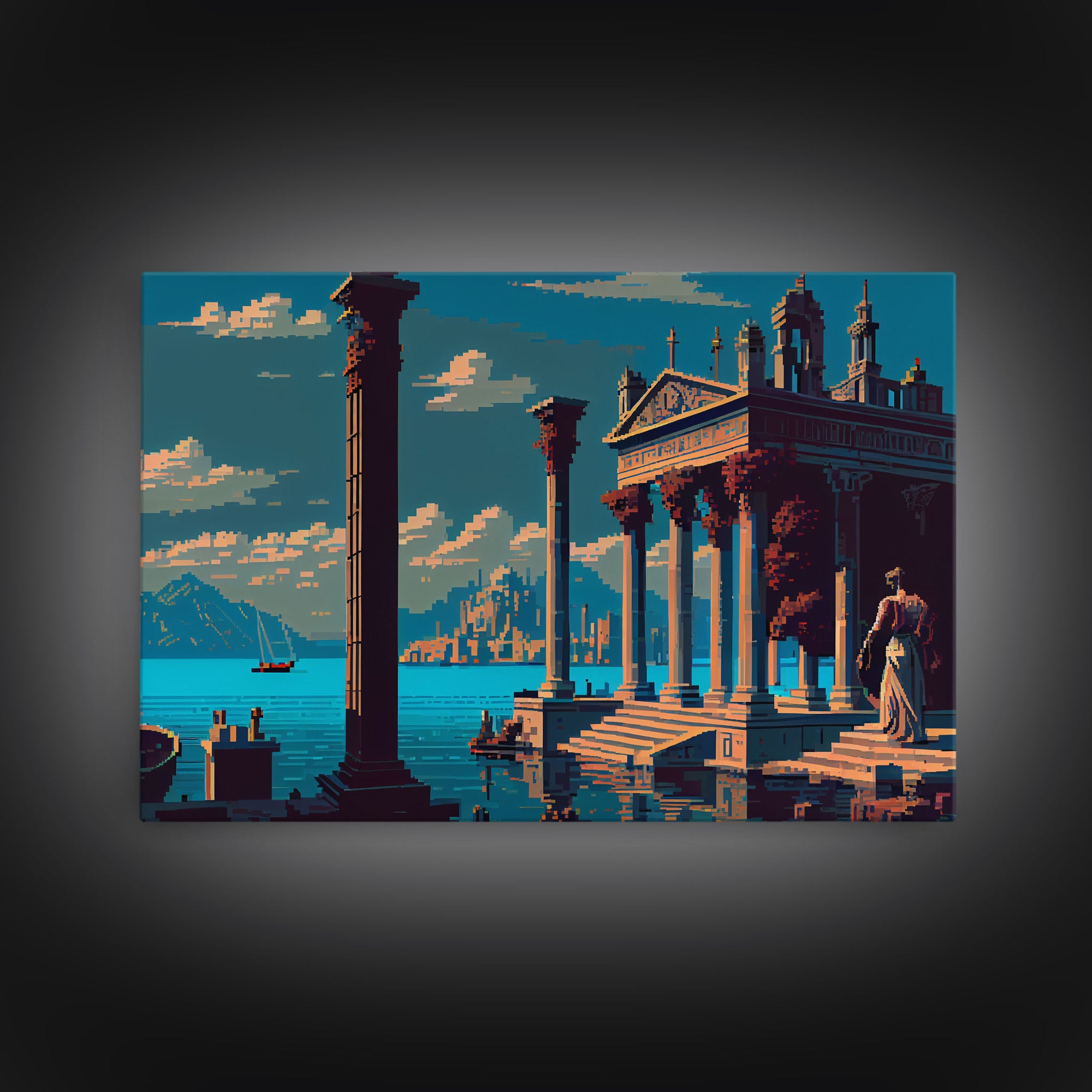 Ancient Roman Architecture, 8 bit pixel art, framed canvas print