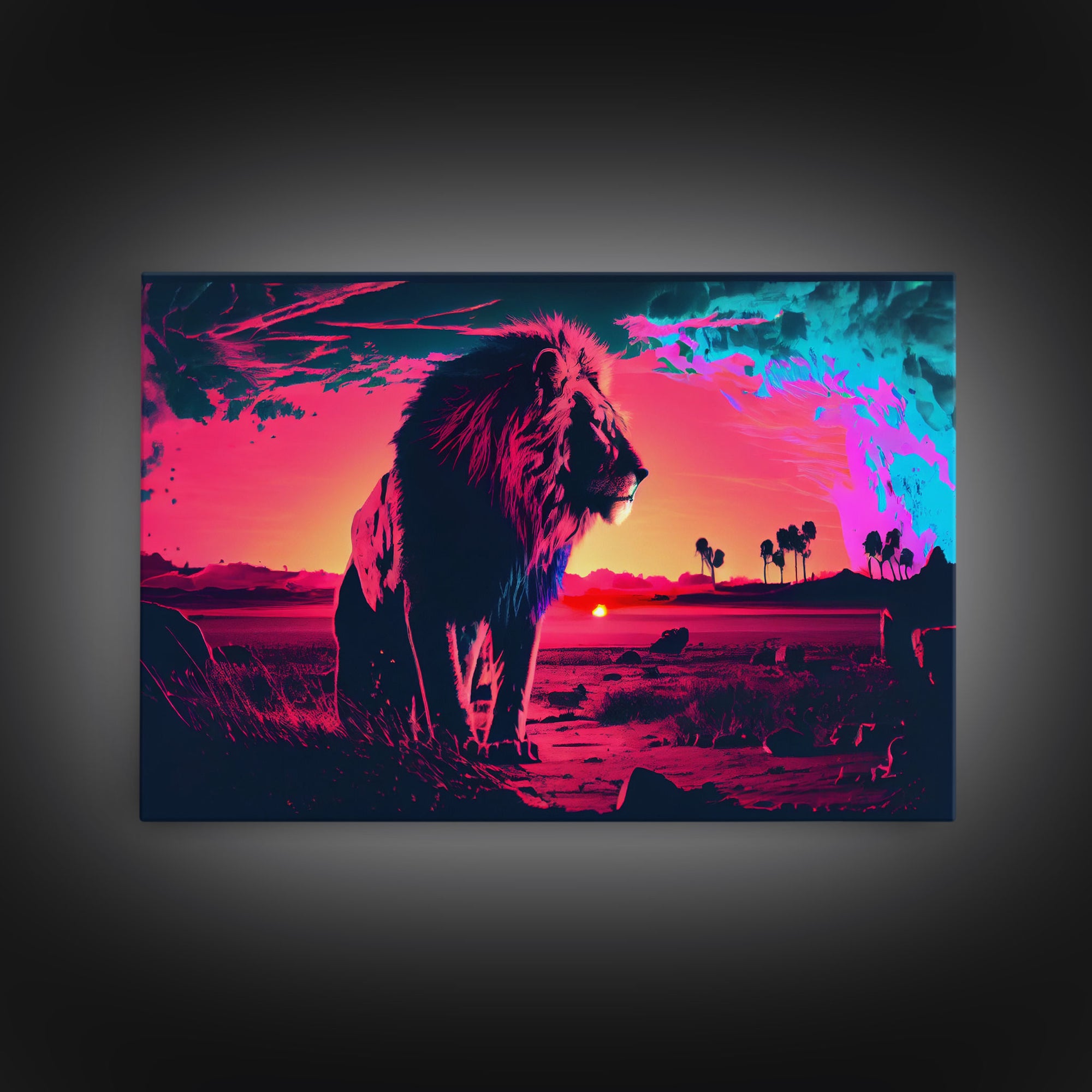 Synthwave style watercolor painting of an African lion, framed canvas print, colorful living room wall art