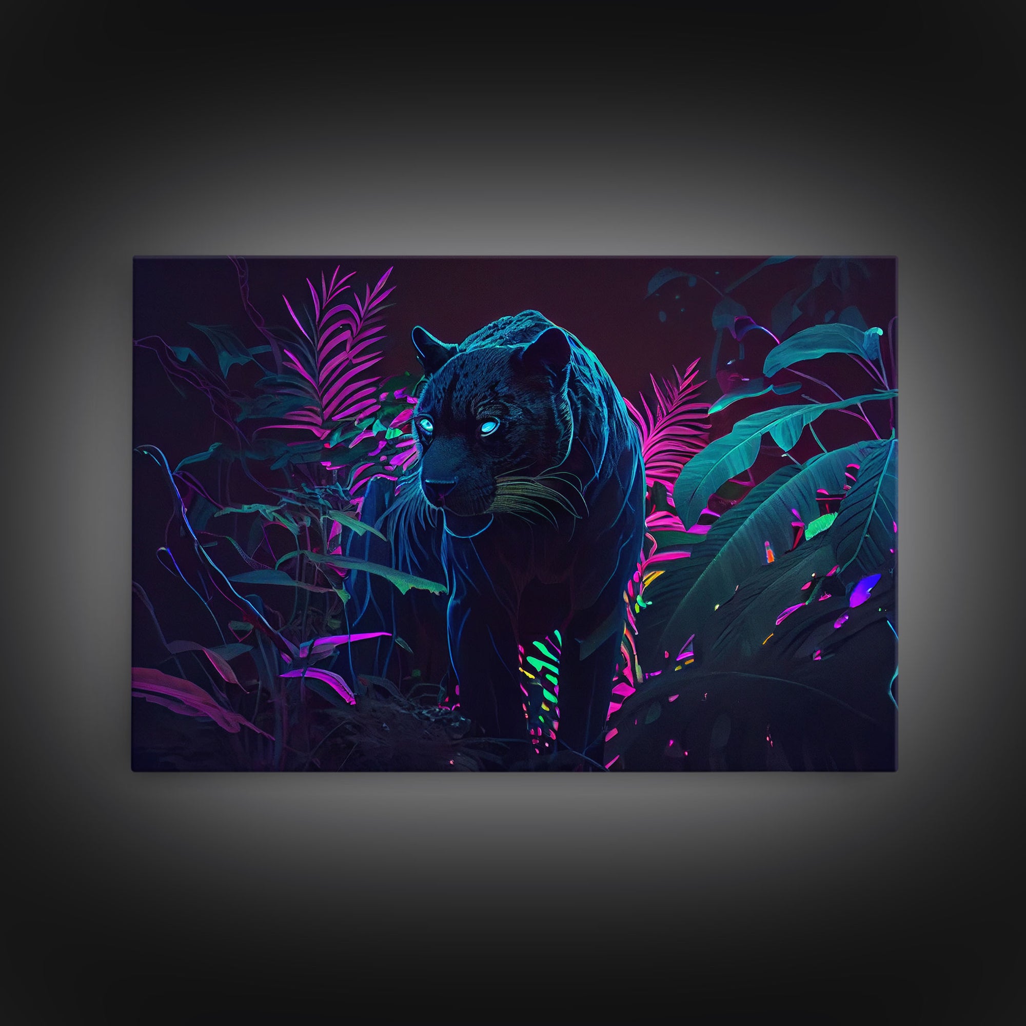 Black panther on the hunt in the jungle, glowing blue eyes, synth wave aesthetic art, framed canvas print