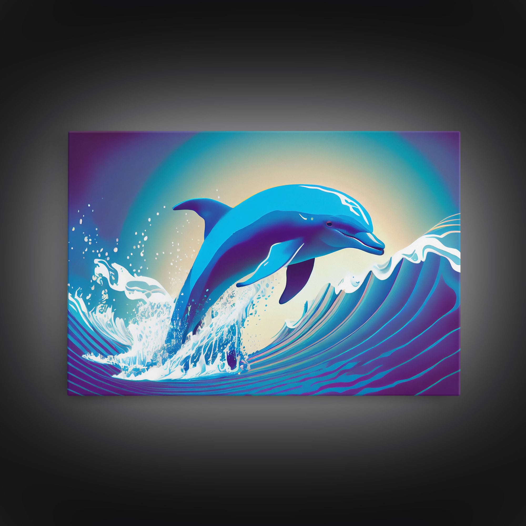 Dolphin riding a wave, cute animal prints, vaporwave animal art, framed canvas print