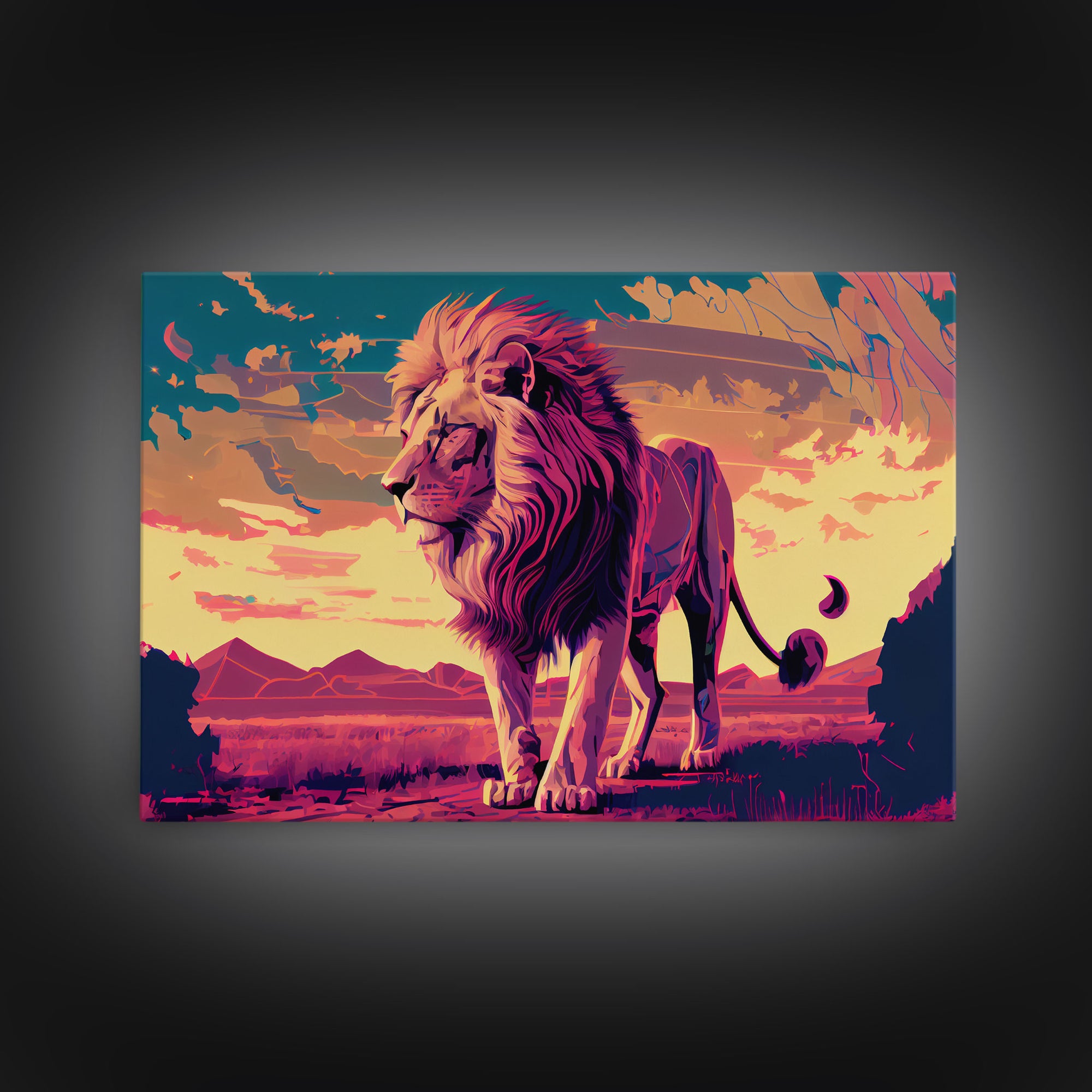 Retrowave watercolor painting of an African Lion, framed canvas print, unique large format wall art