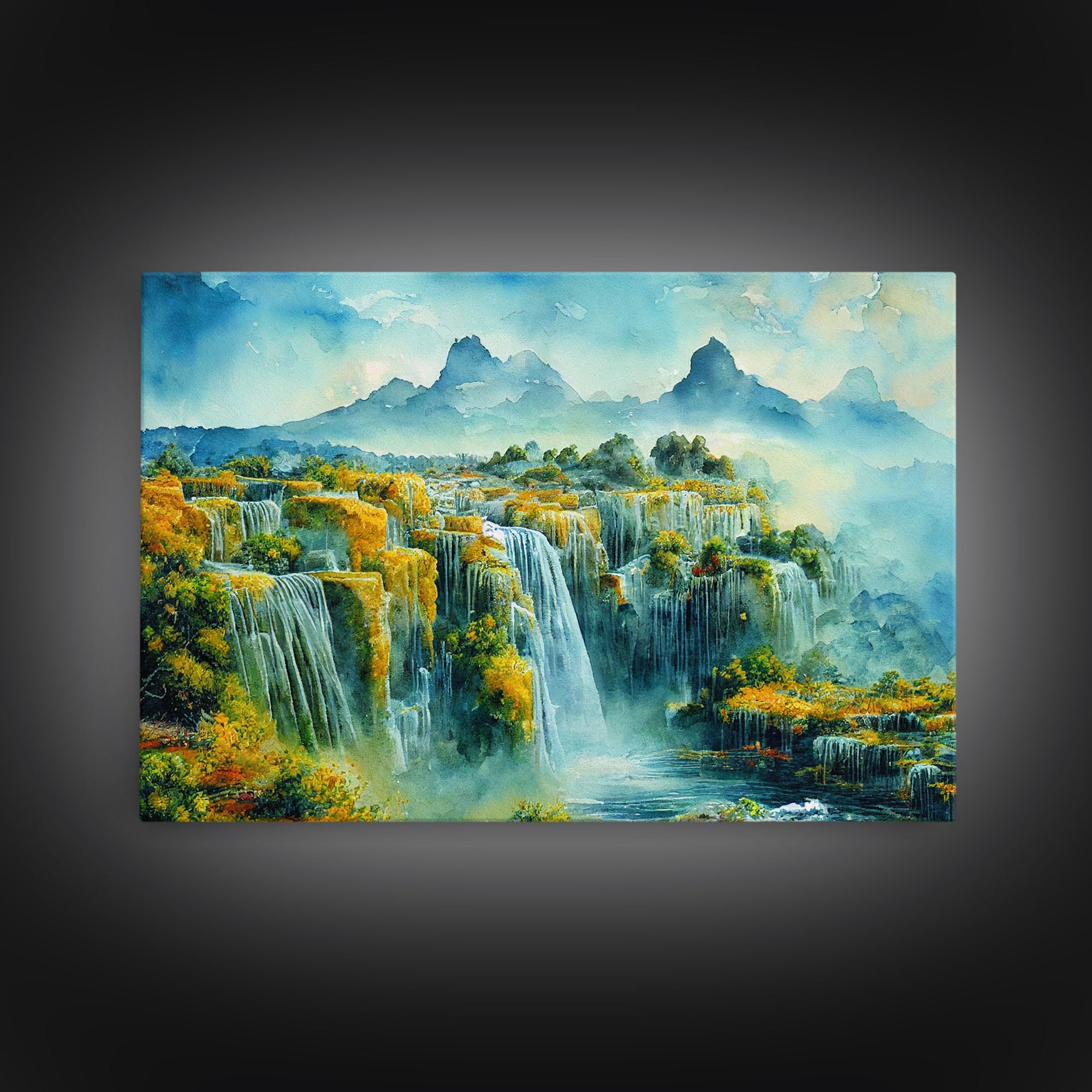 Water color painting of beautiful waterfalls, framed canvas print