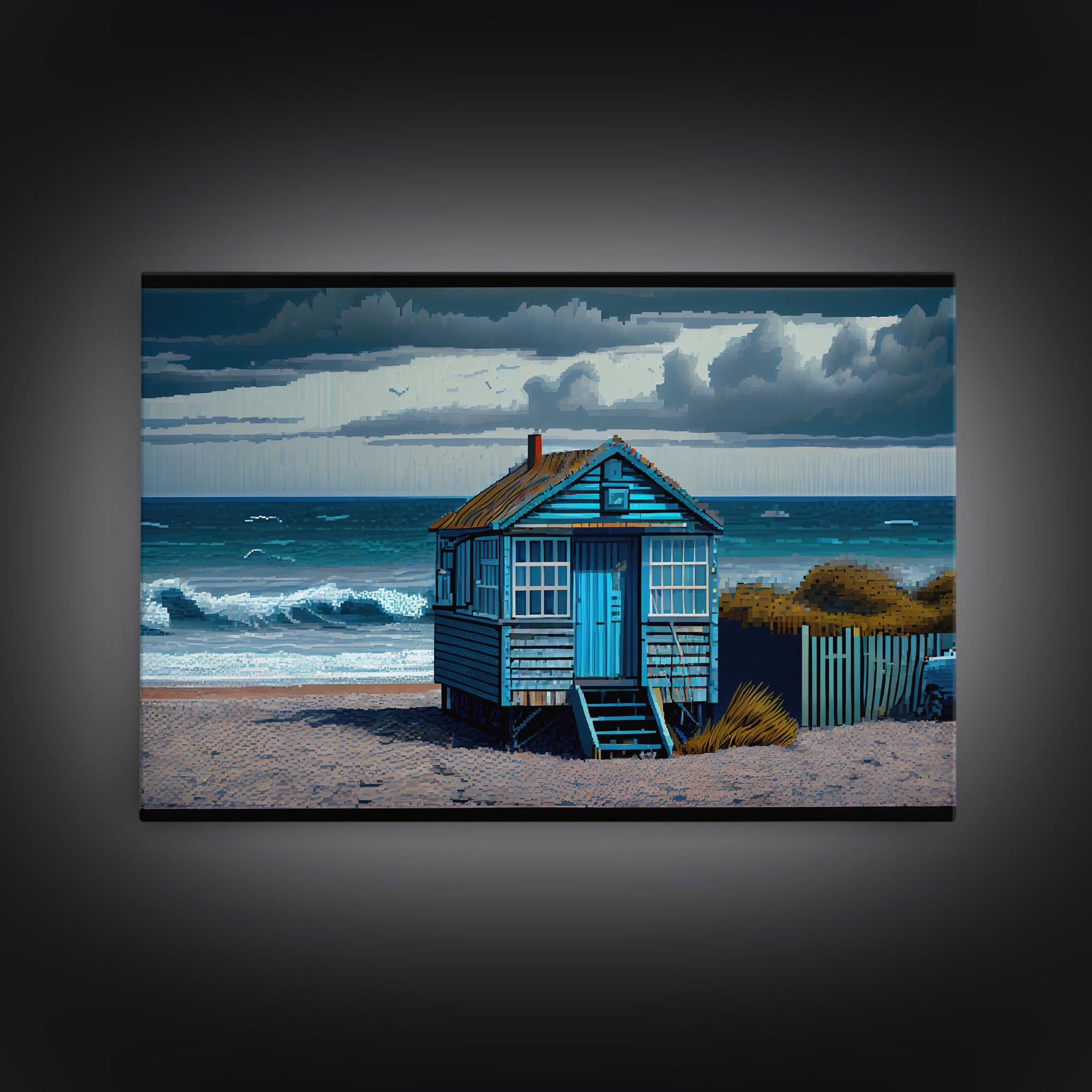 Sea side shack pixel art, New England style beach art, framed canvas print, beautiful lake house art