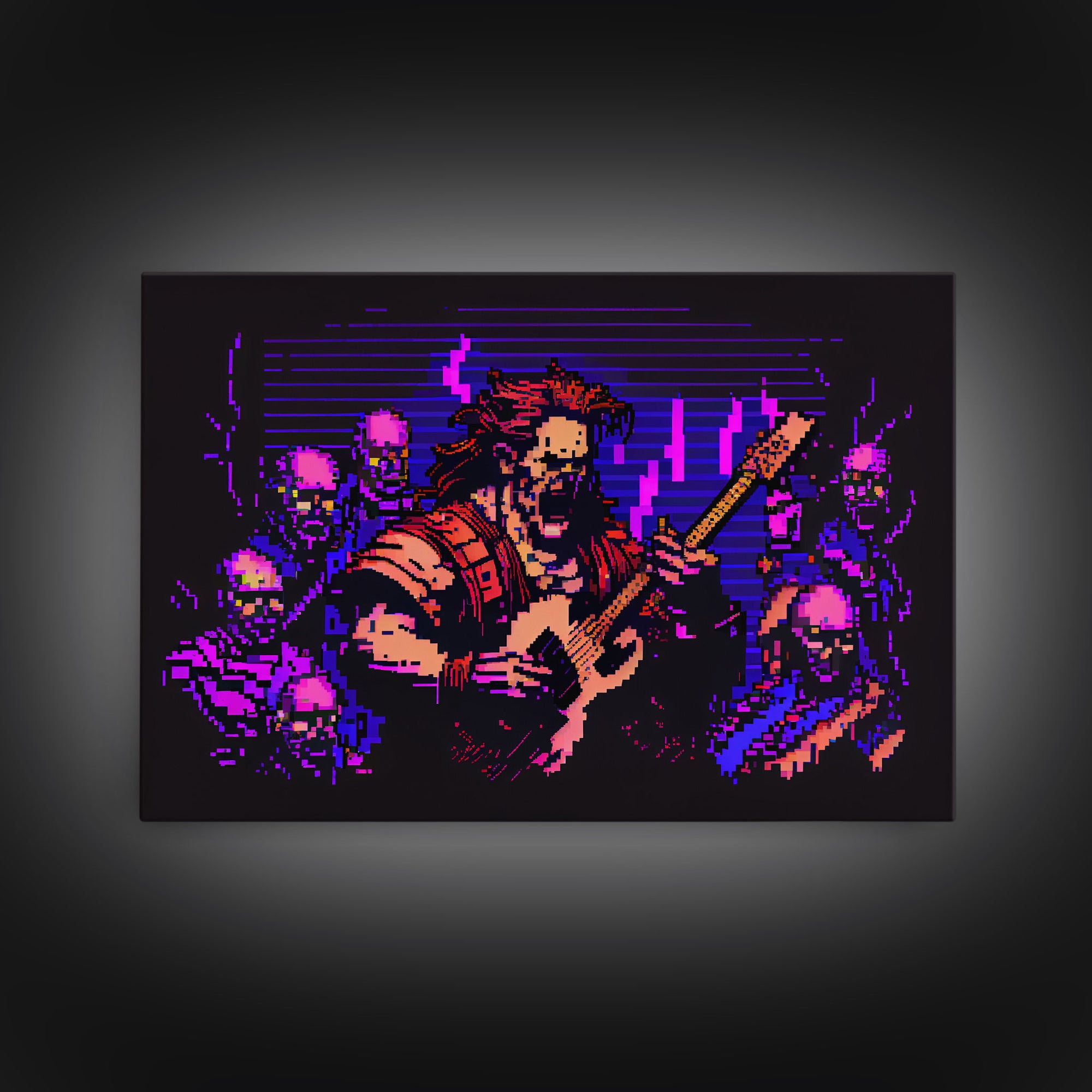 Human bard pixel art, vaporwave RPG concept art, framed canvas print, synthwave tabletop art