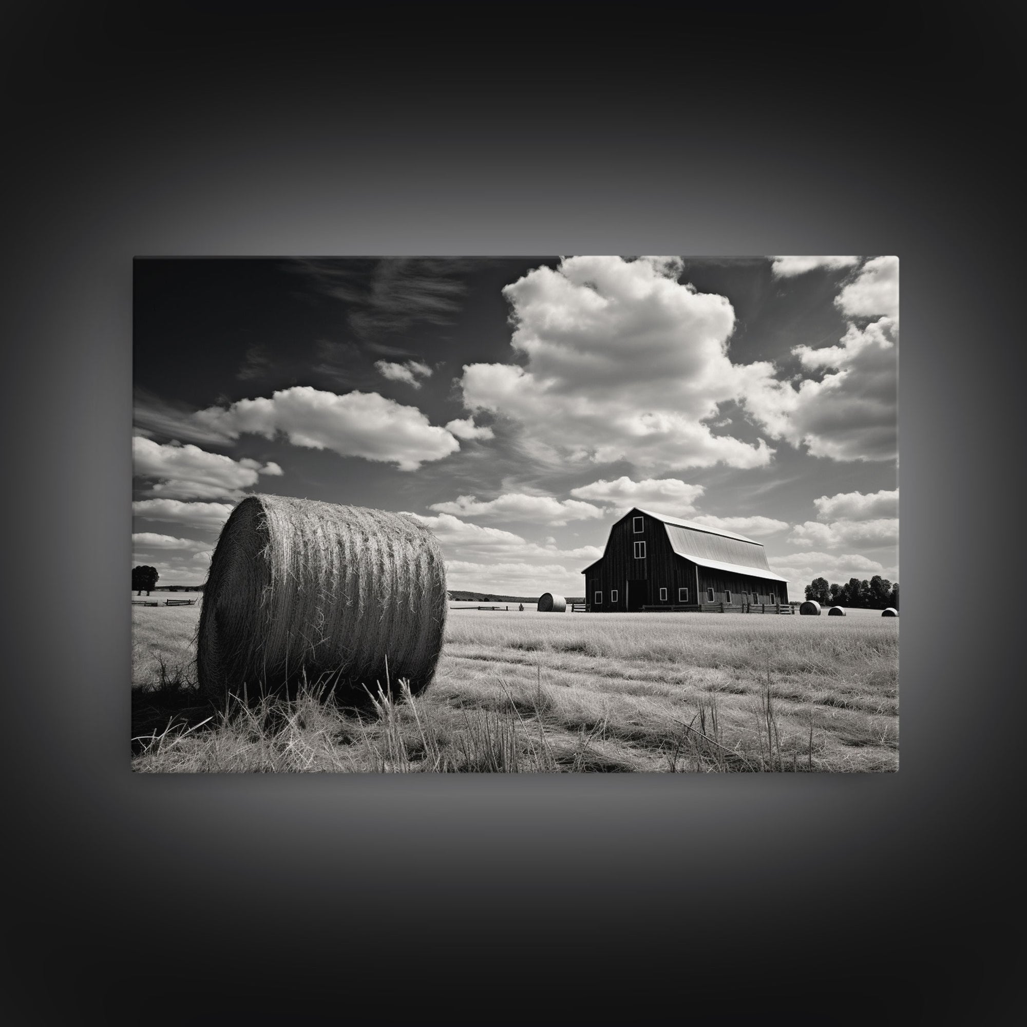 Black and White Photo Of a Barn and Hay Bail, Liminal Art, Country Decor, Farmhouse Style Art, Canvas Print