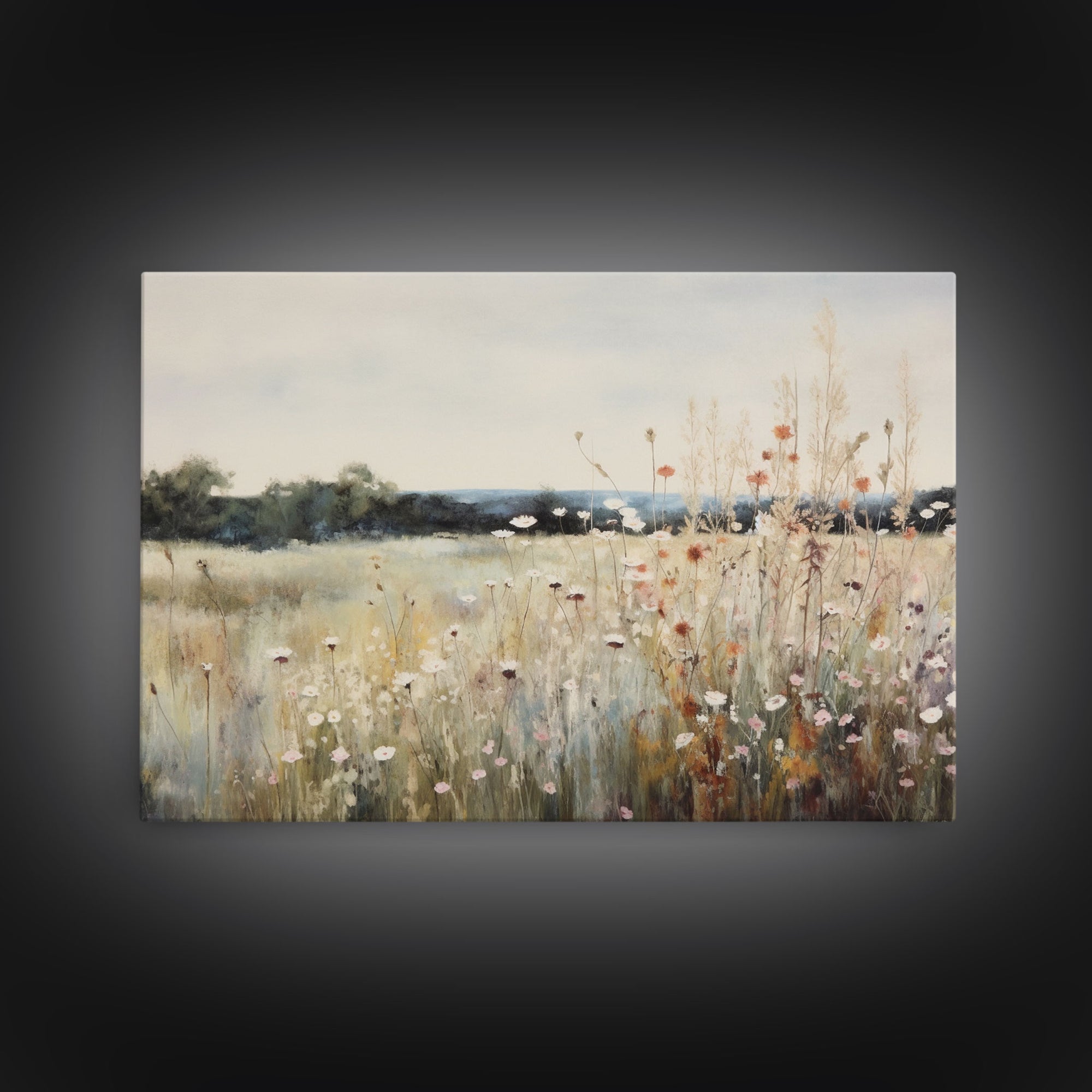 Wildflower Fields Landscape Oil Painting Print Large Wall Art Print, Framed Canvas Nature Wall Decor, Rustic Living Room Country Landscape