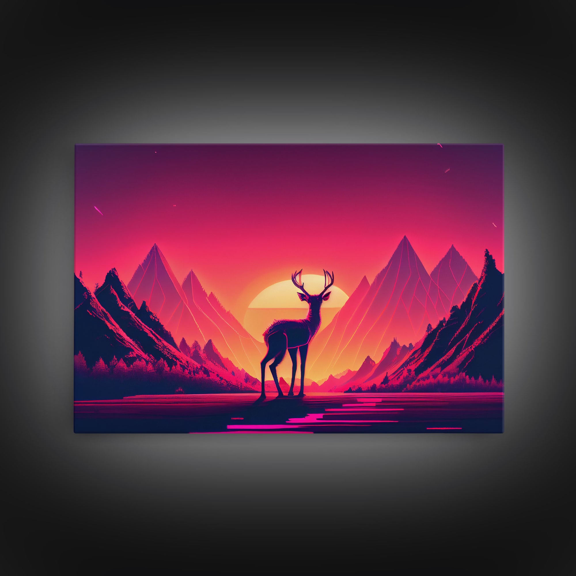 Deer at sunset, outrun style nature animal print, framed canvas print, sunrise art