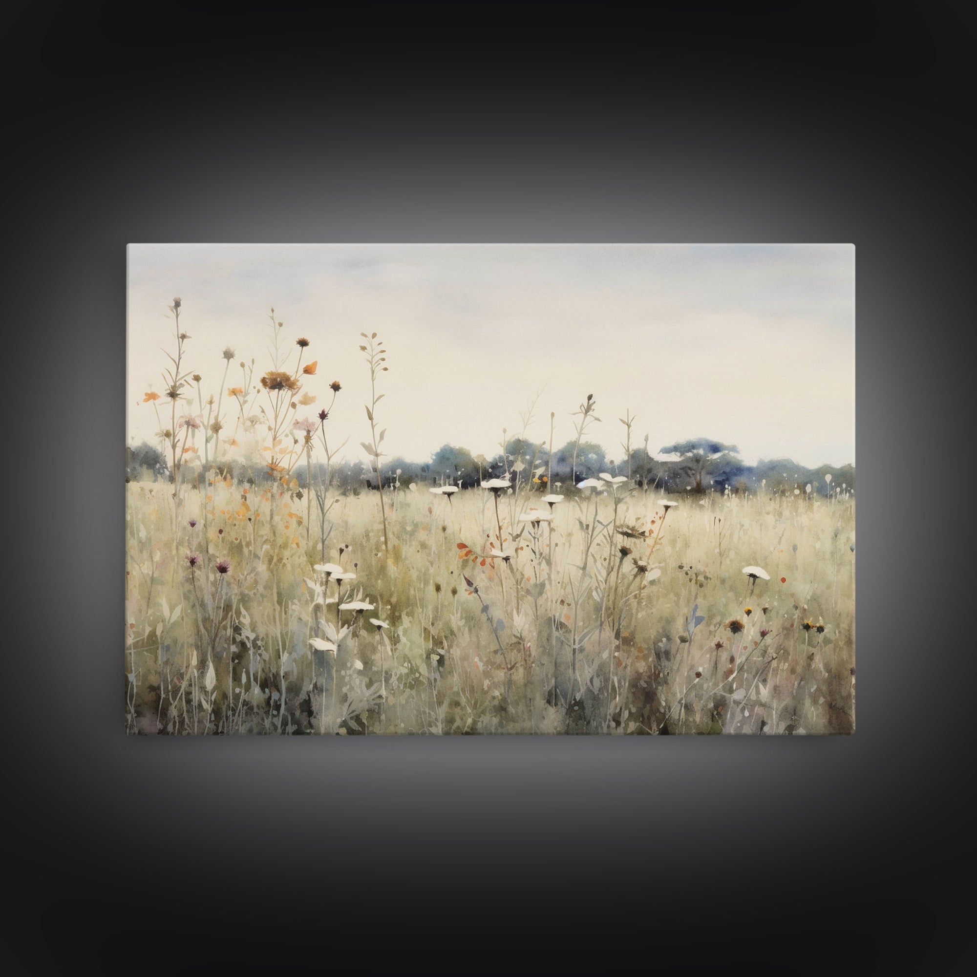 Rustic Country Wildflower Landscape Oil Painting Canvas Print Reproduction, Framed Wall Art, Rustic Farmhouse Decor, Muted Art, Moody Art