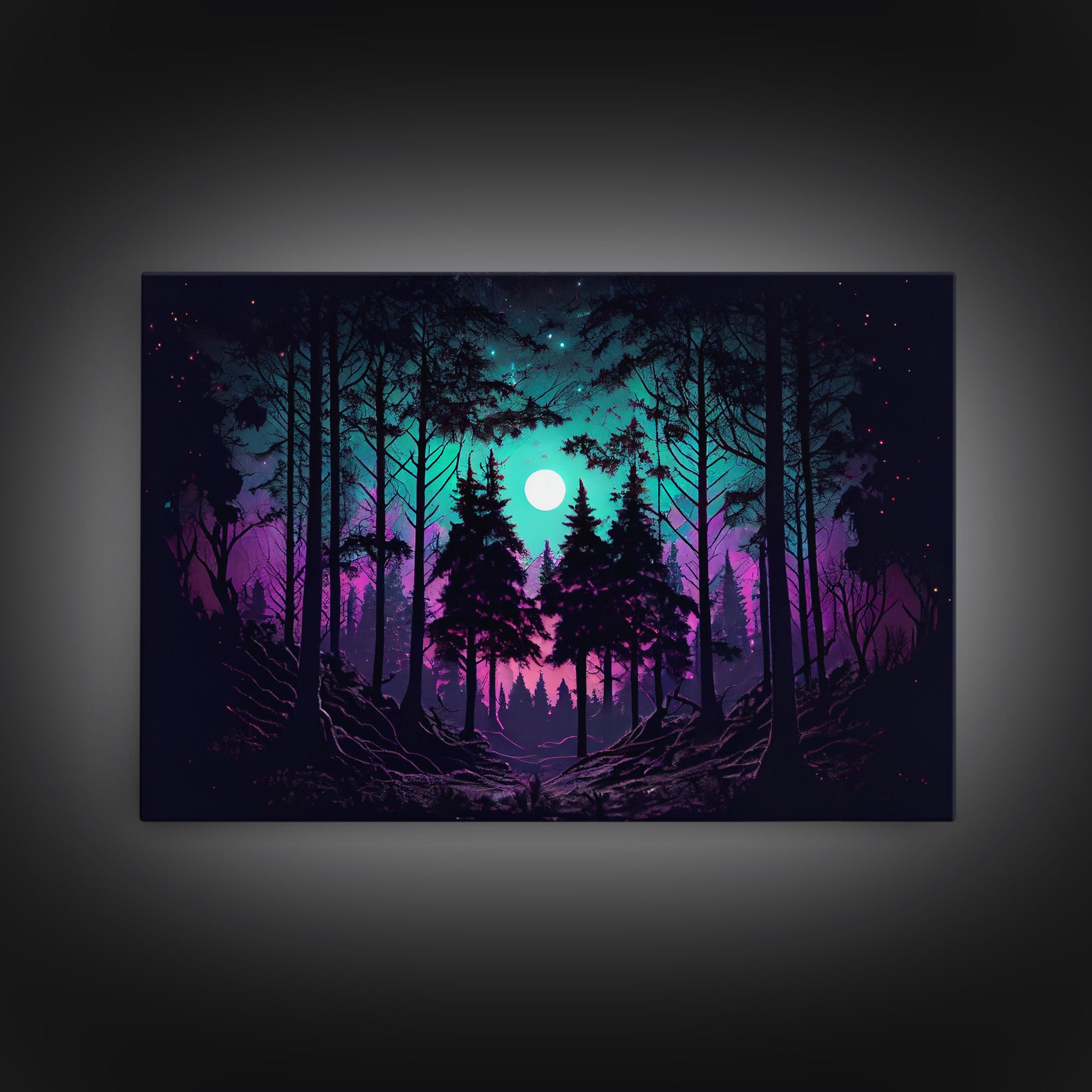 Fantasy forest art, full moon visible through the trees, framed canvas print, framed wall art