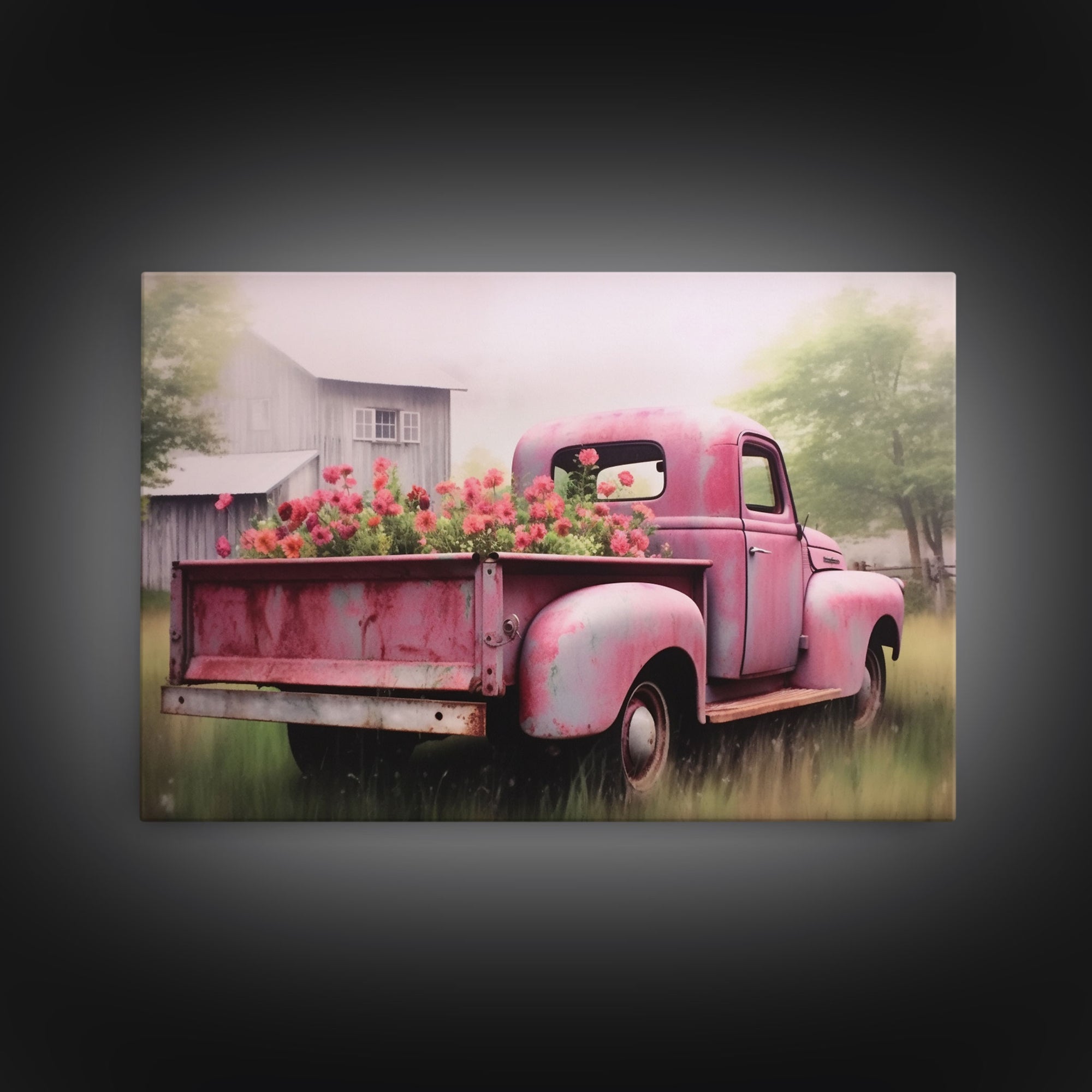 Old Pink Truck Used As a Flower Bed, Framed Canvas Print Or Poster, Rustic Farmhouse Decor, Primitive Art, Country Home Art