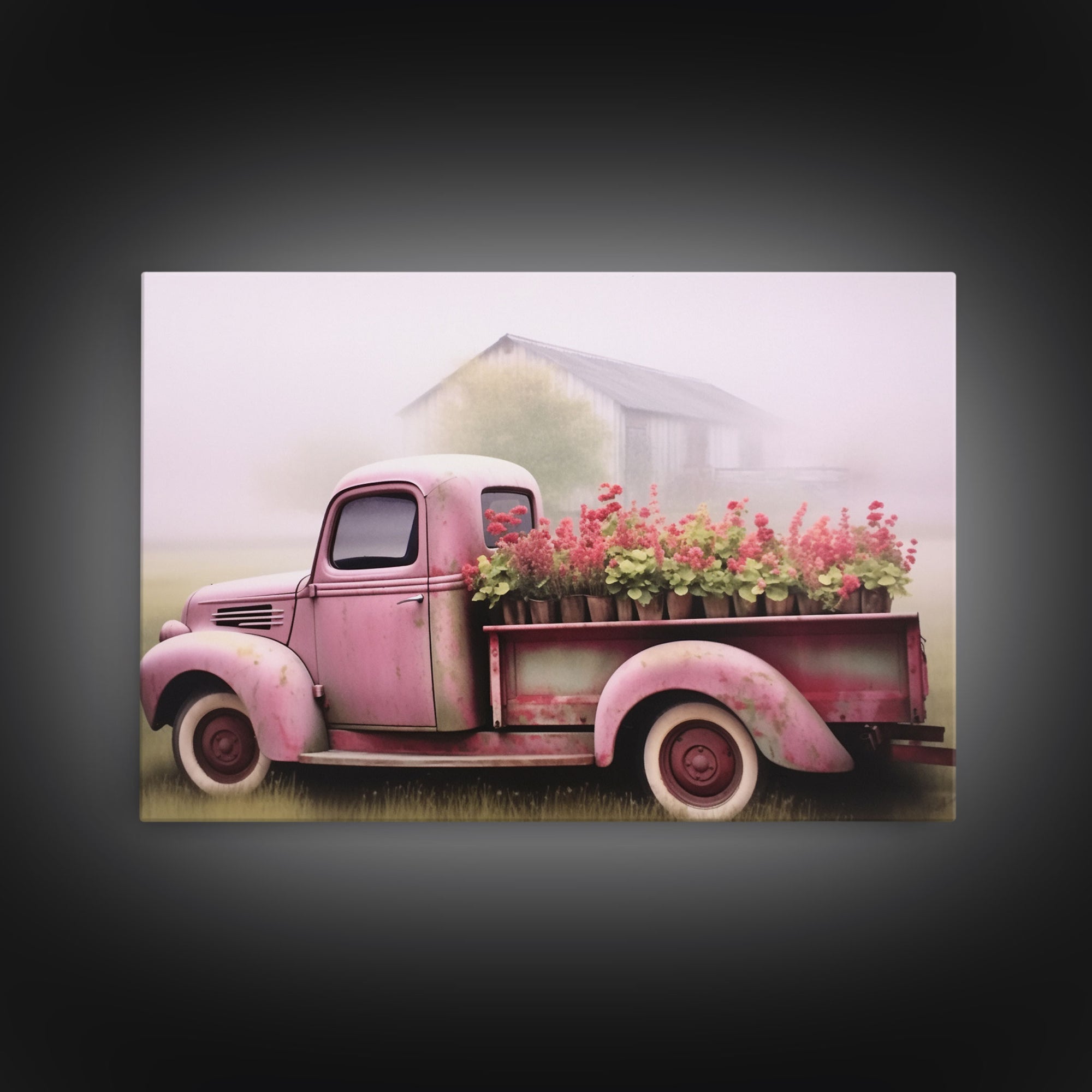 Framed Picture of old truck with beautiful flowers in bed of truck, farmhouse living, old barn, farmhouse distressed, framed canvas print