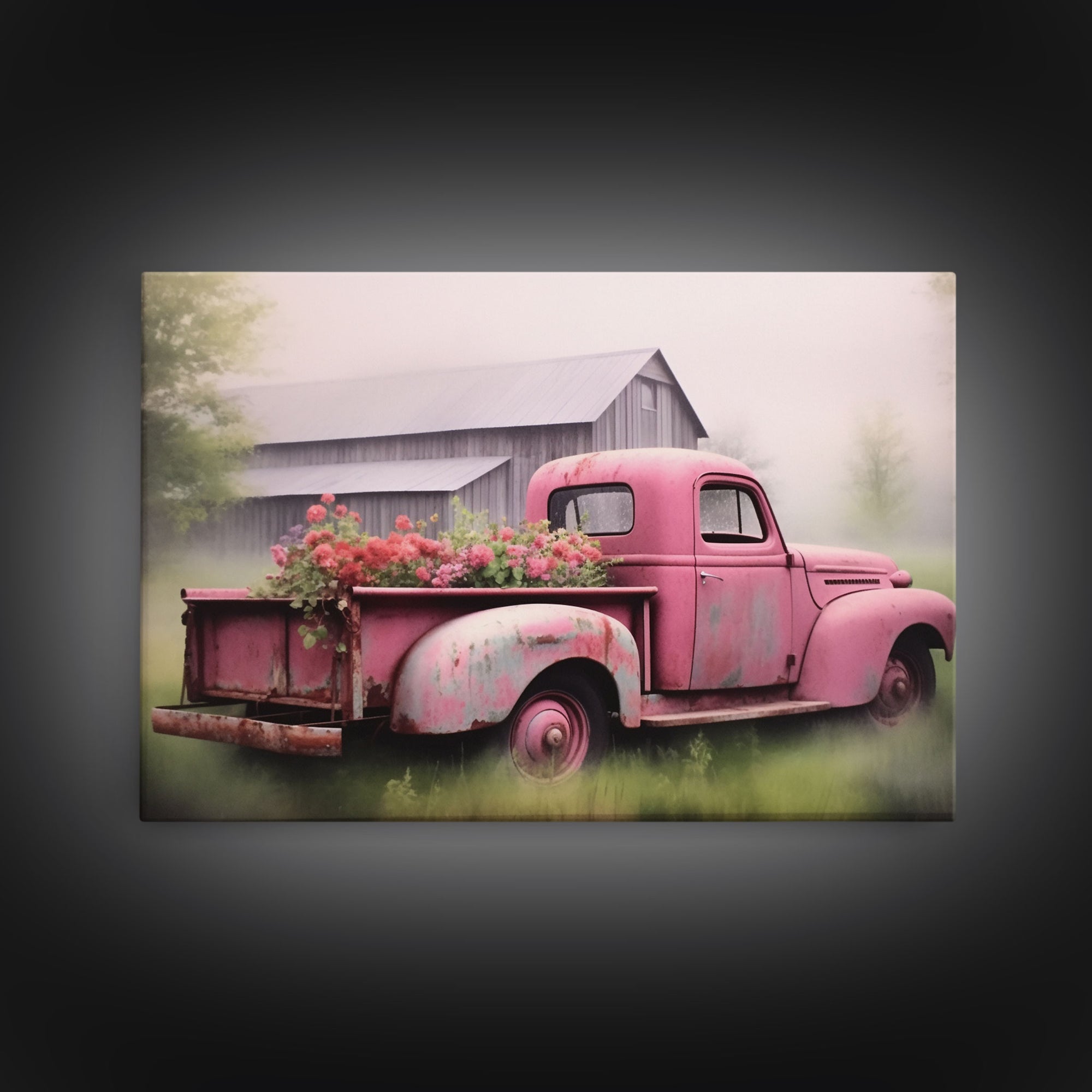 Framed Picture of old truck with beautiful flowers in bed of truck, farmhouse living, old barn, farmhouse distressed, framed canvas print