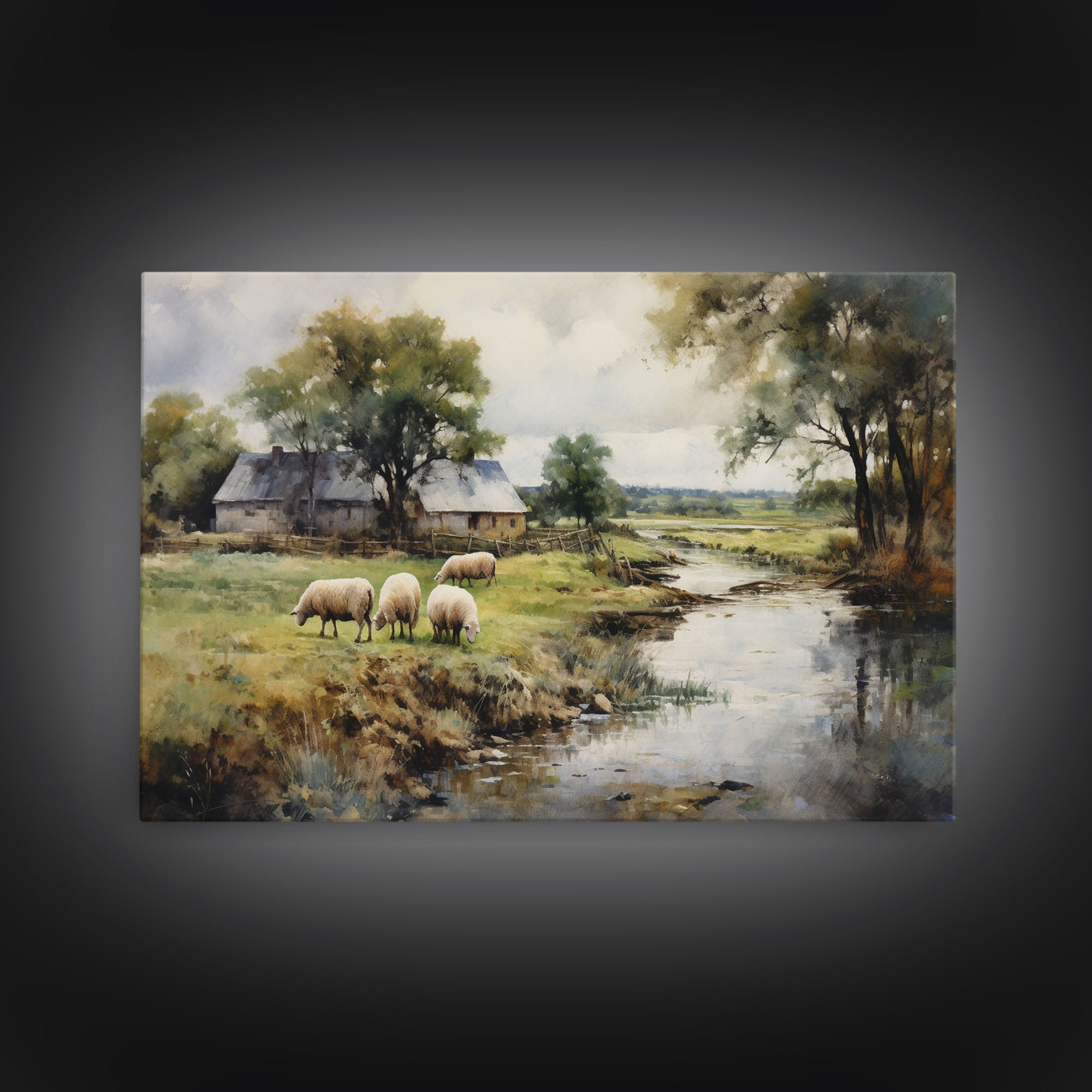 Sheep Grazing By The River, Vintage Art Canvas Print, Vintage Home Decor, Large Canvas Wall Art, Vintage Farmhouse Decor, Vintage Landscape