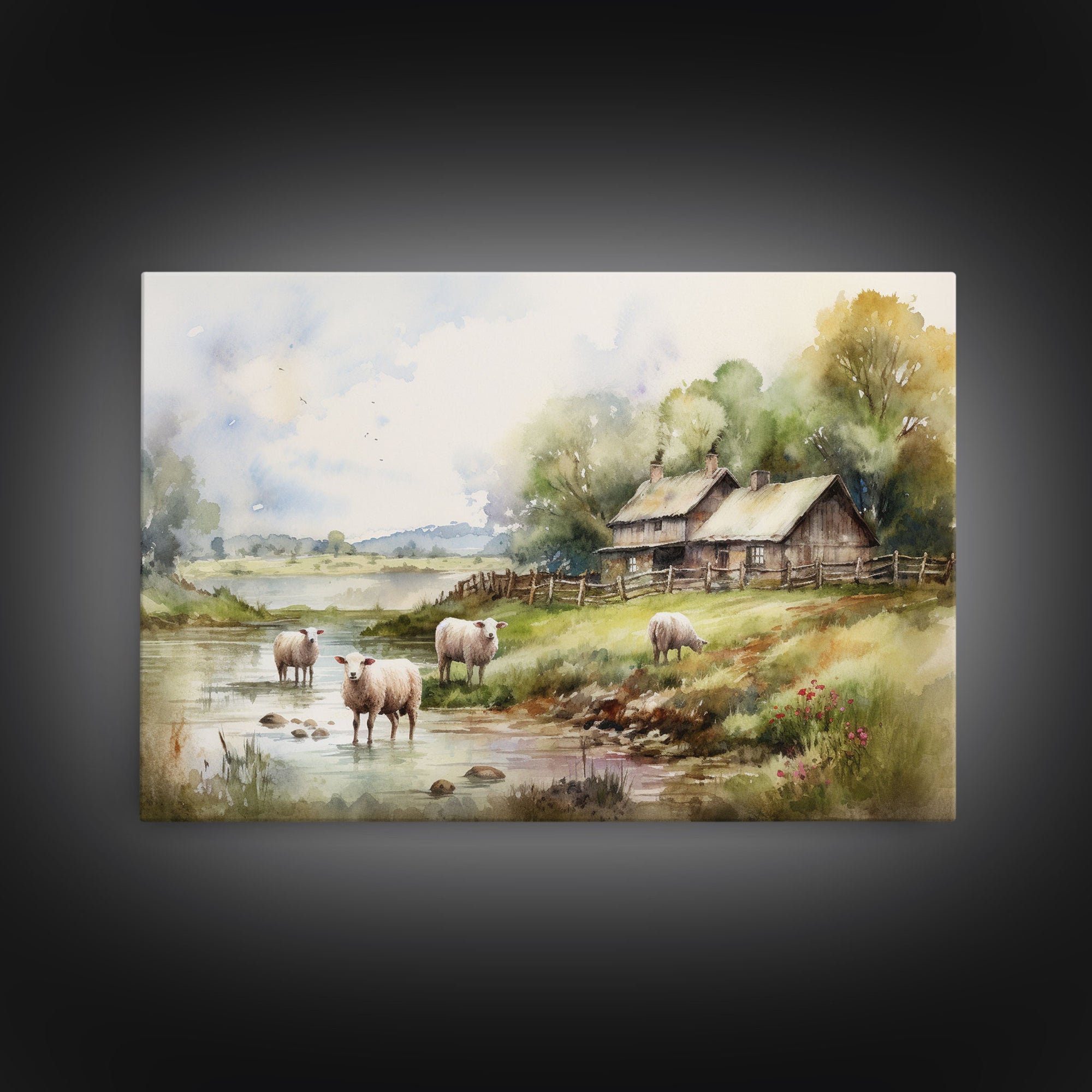 Sheep Grazing By The River, Vintage Art Canvas Print, Vintage Home Decor, Large Canvas Wall Art, Vintage Farmhouse Decor, Vintage Landscape