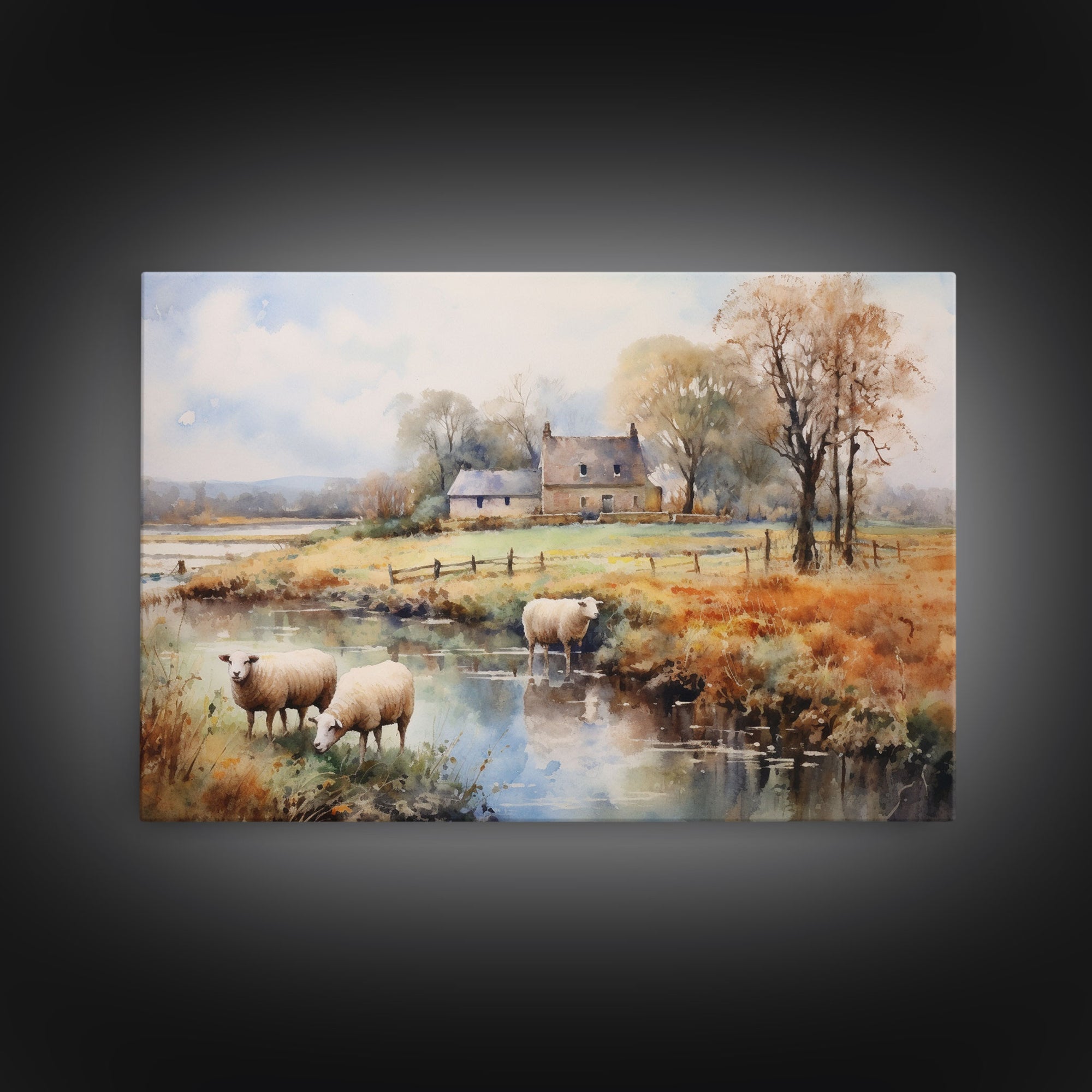 Sheep Grazing By The River, Vintage Art Canvas Print, Vintage Home Decor, Large Canvas Wall Art, Vintage Farmhouse Decor, Vintage Landscape