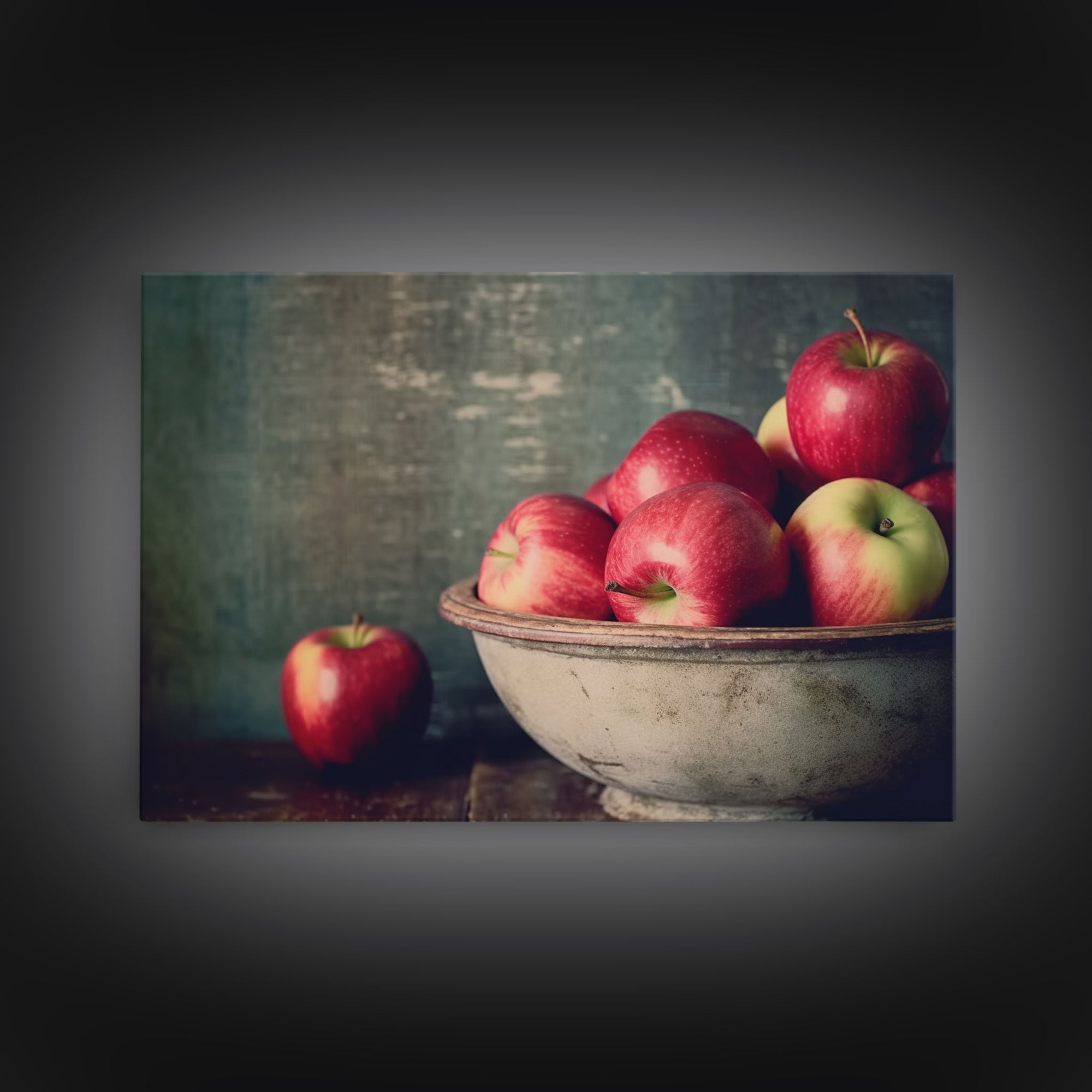 Primitive Kitchen Art, Framed Canvas Print, Still Life of Apples In A Rustic Bowl, Photography Print, Kitchen Decor, Country Kitchen