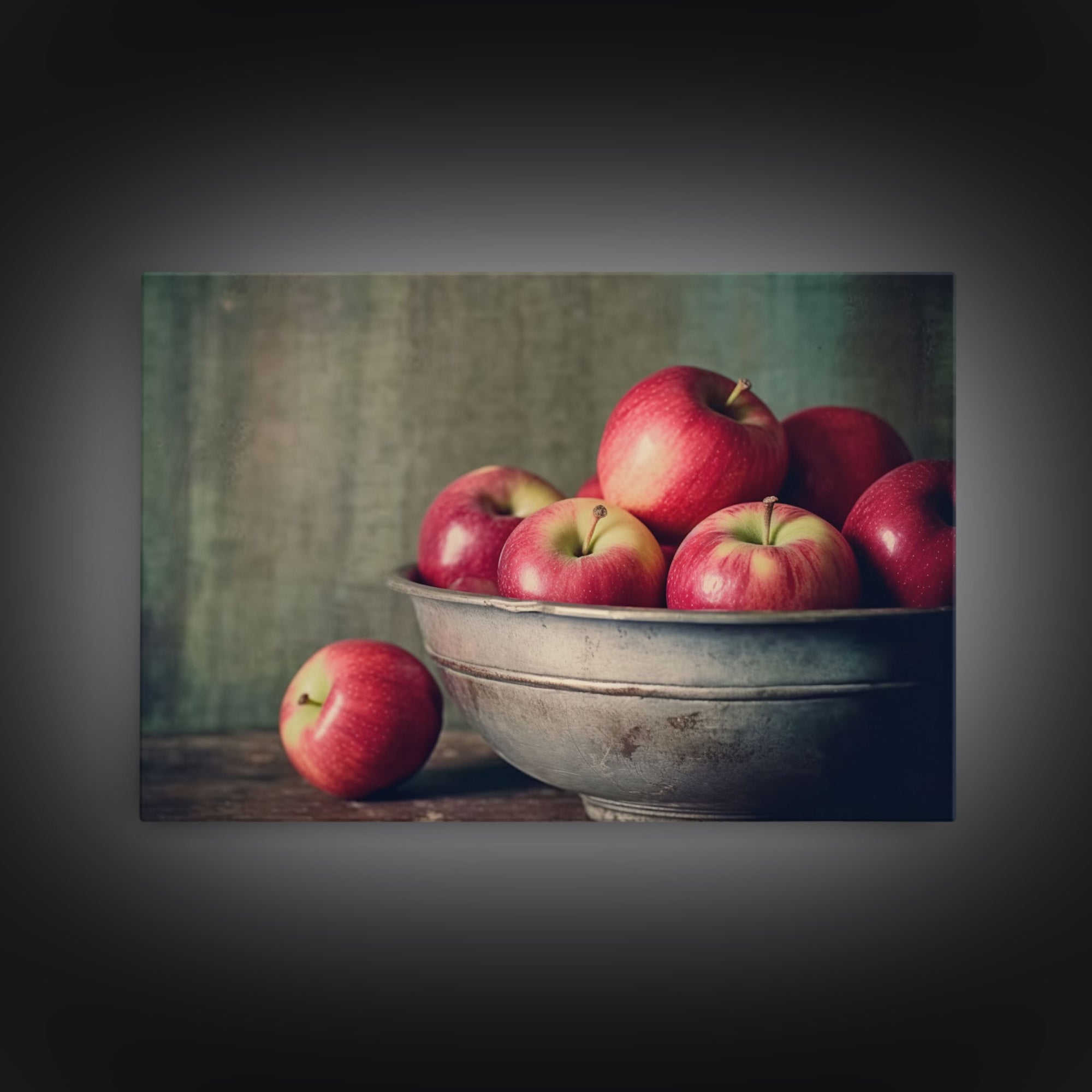 Farmhouse Kitchen Art, Framed Canvas Print, Still Life of Apples In A Rustic Bowl, Photography Print, Kitchen Decor, Rustic Country Kitchen