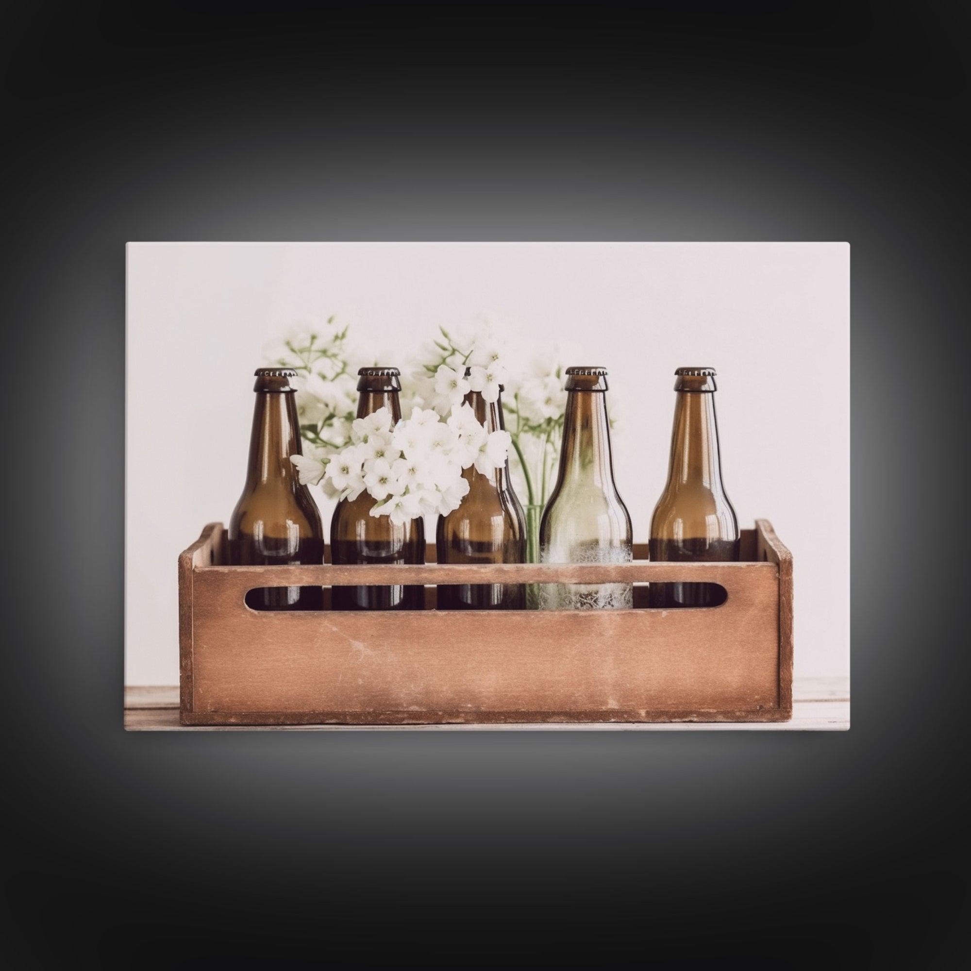 Primitive Kitchen Wall Art, Framed Canvas Print, Antique Bottles With White Flowers In A Wooden Crate, Still Life Kitchen Decor, Minimalist