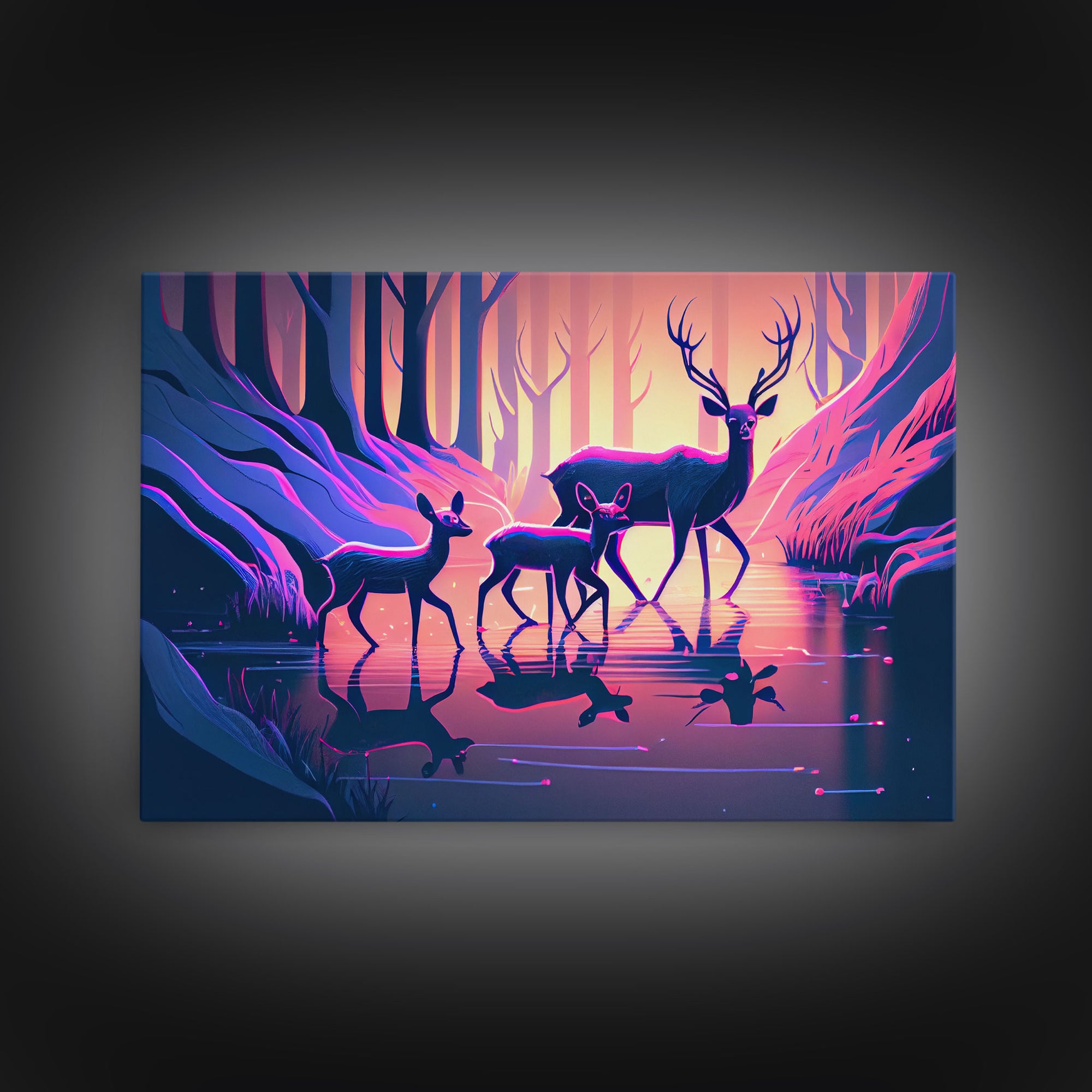 Vaporwave nature art, family of Deer in the forest, pastel art, framed canvas print, framed wall art