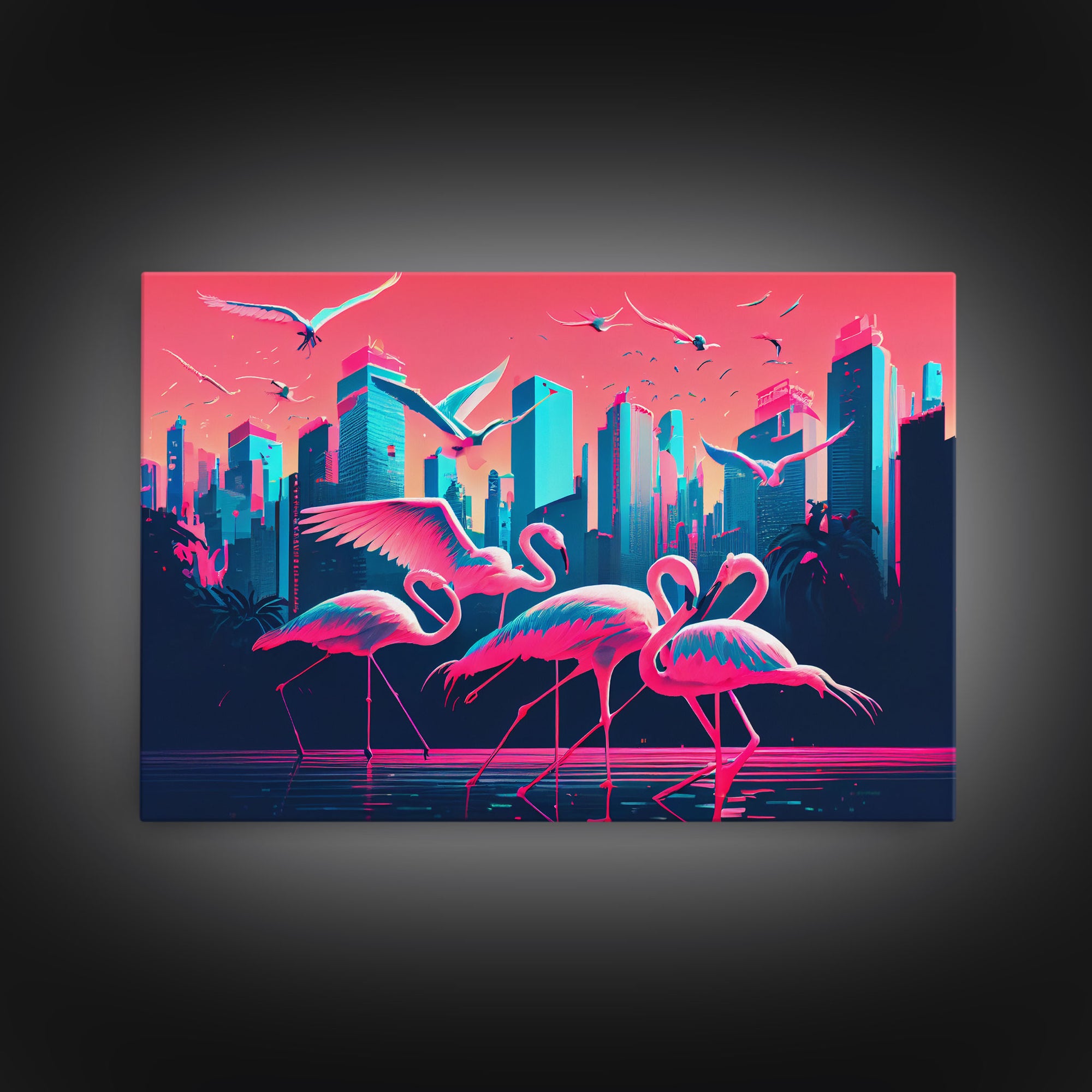 Pink Flamingos, Vaporwave aesthetic style art, framed canvas print, framed wall art