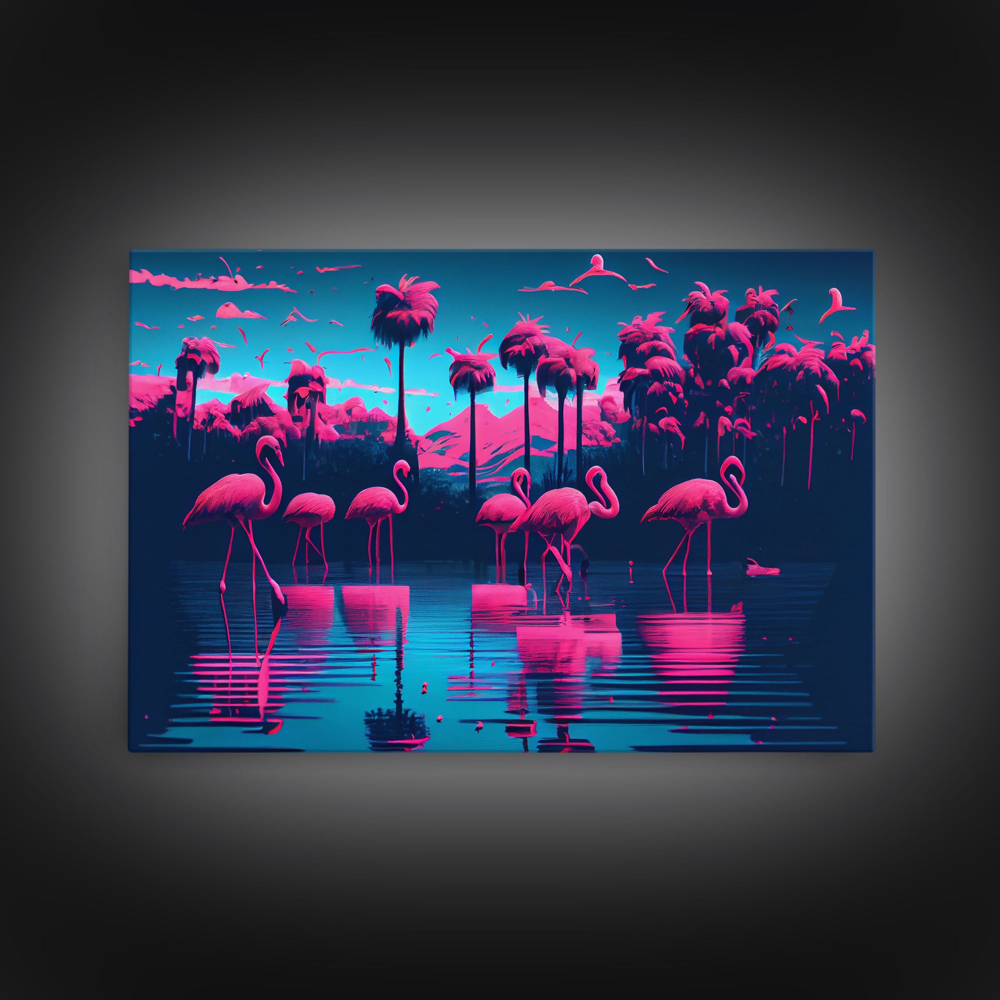 Reflections of Pink Flamingos, Vaporwave aesthetic style art, framed canvas print, framed wall art