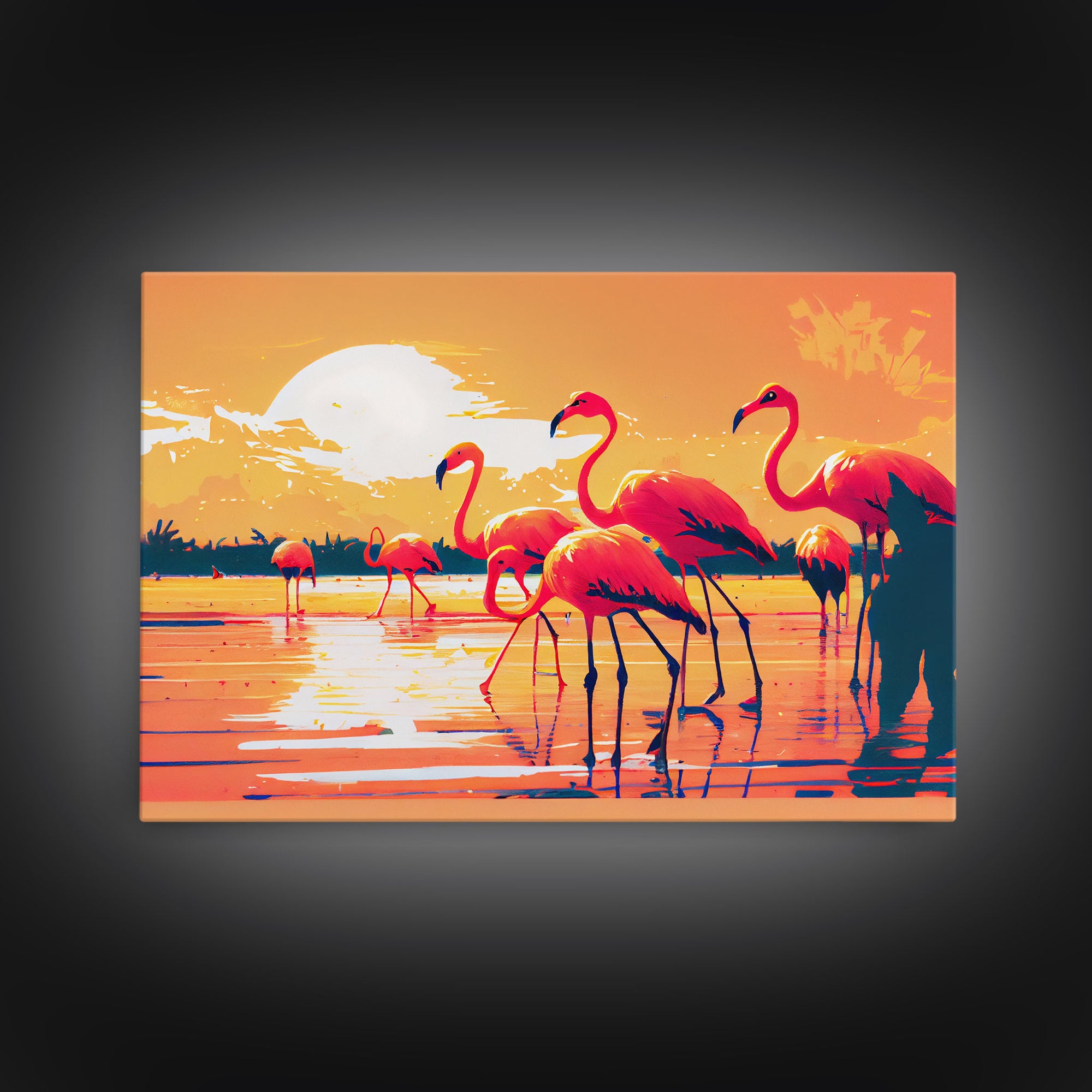 Pink Flamingos at Sunset, framed canvas print, vaporwave vibes art