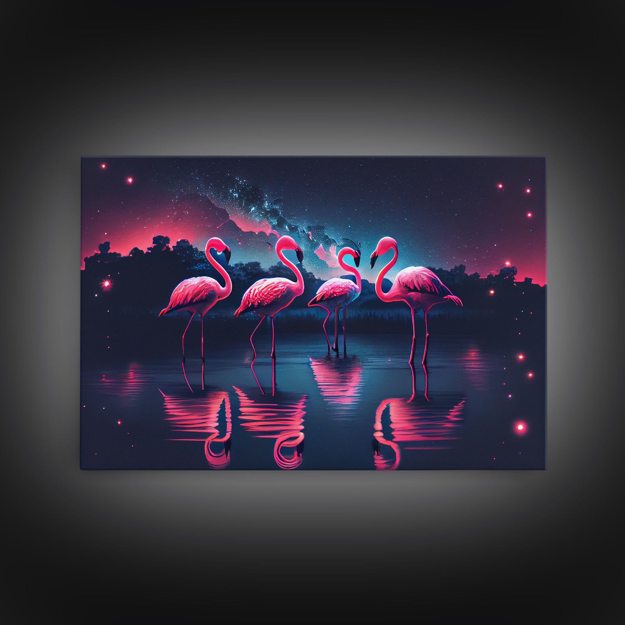 Pink Flamingos against a starry night sky, synthwave vibes, framed canvas print, framed art