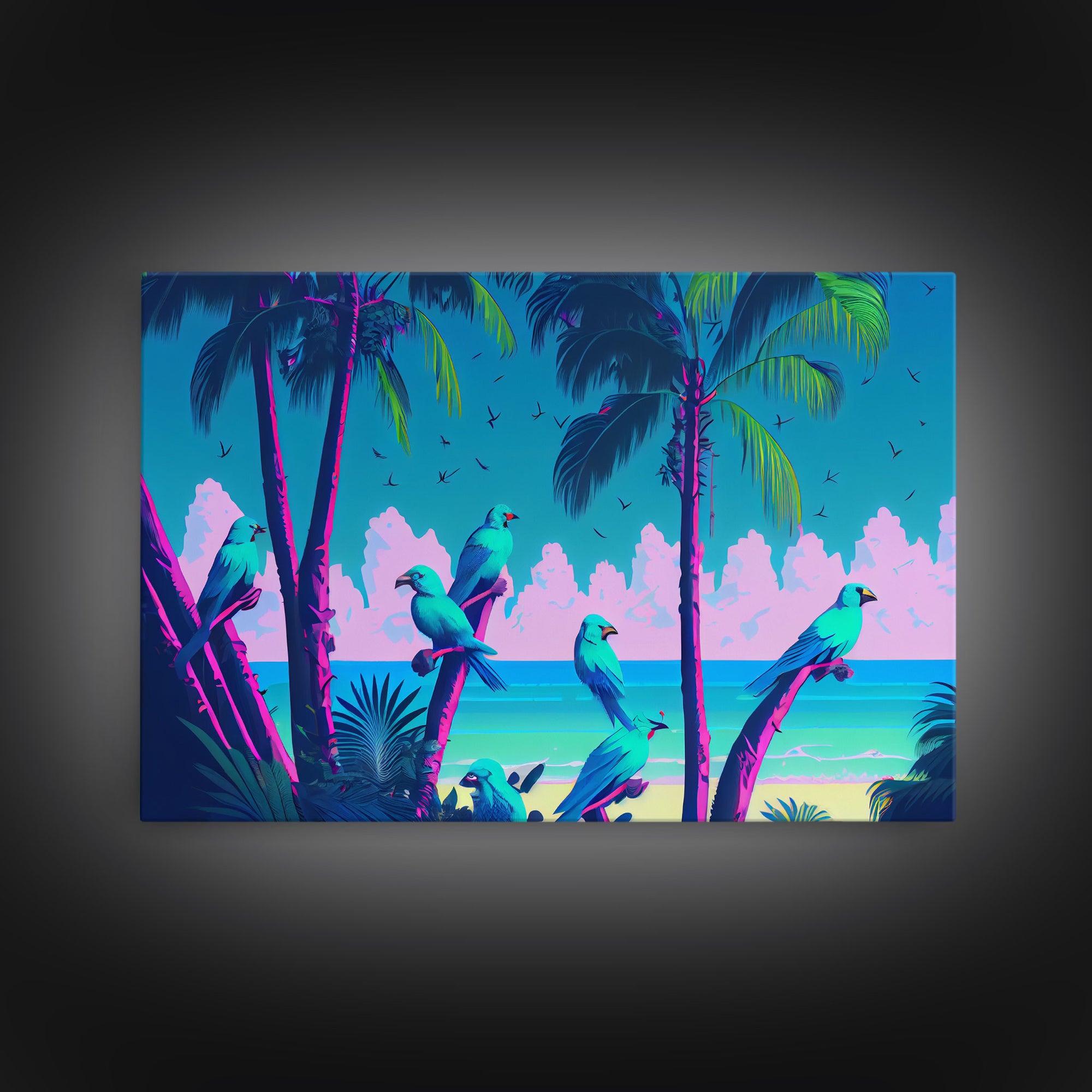 Tropical birds of paradise, synthwave, vaporwave wall art, framed canvas print