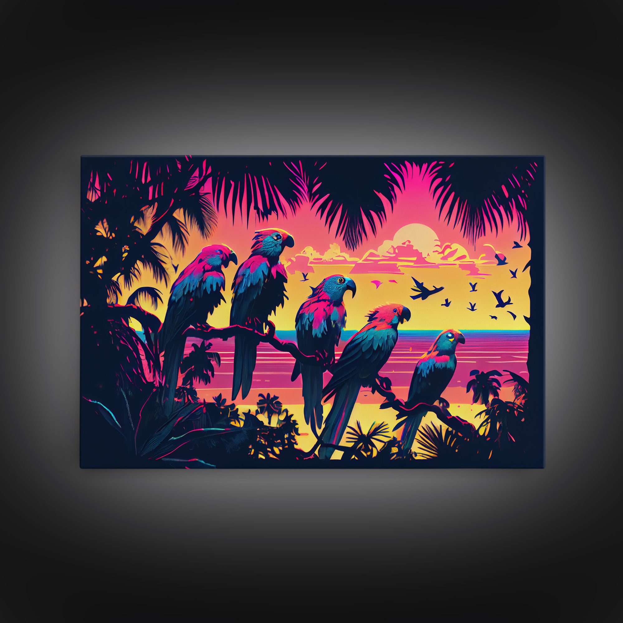 Tropical birds of paradise, synthwave, vaporwave wall art, framed canvas print