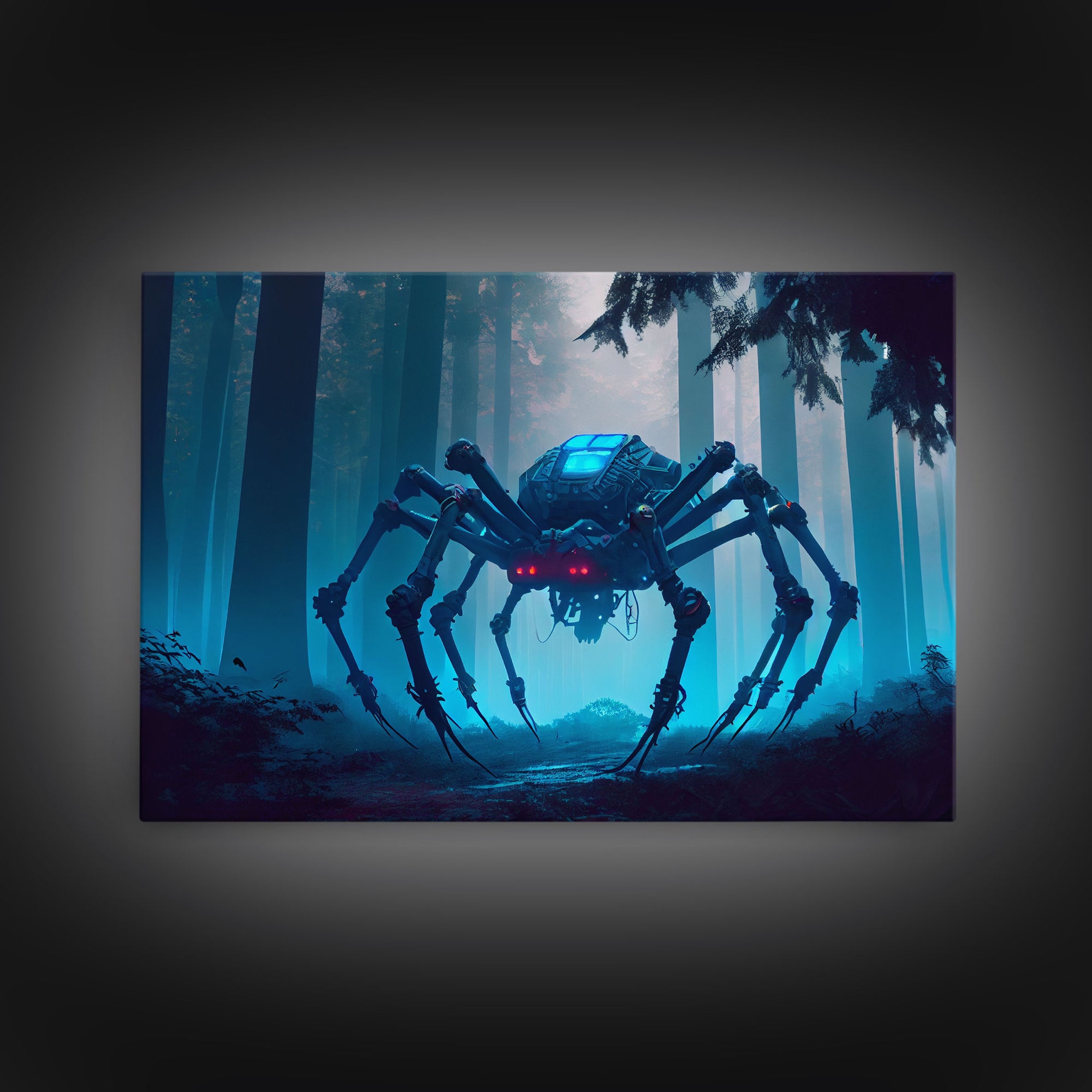 Cyborg Spider, Scifi Fantasy horror art, robot spider on the hunt, framed canvas print