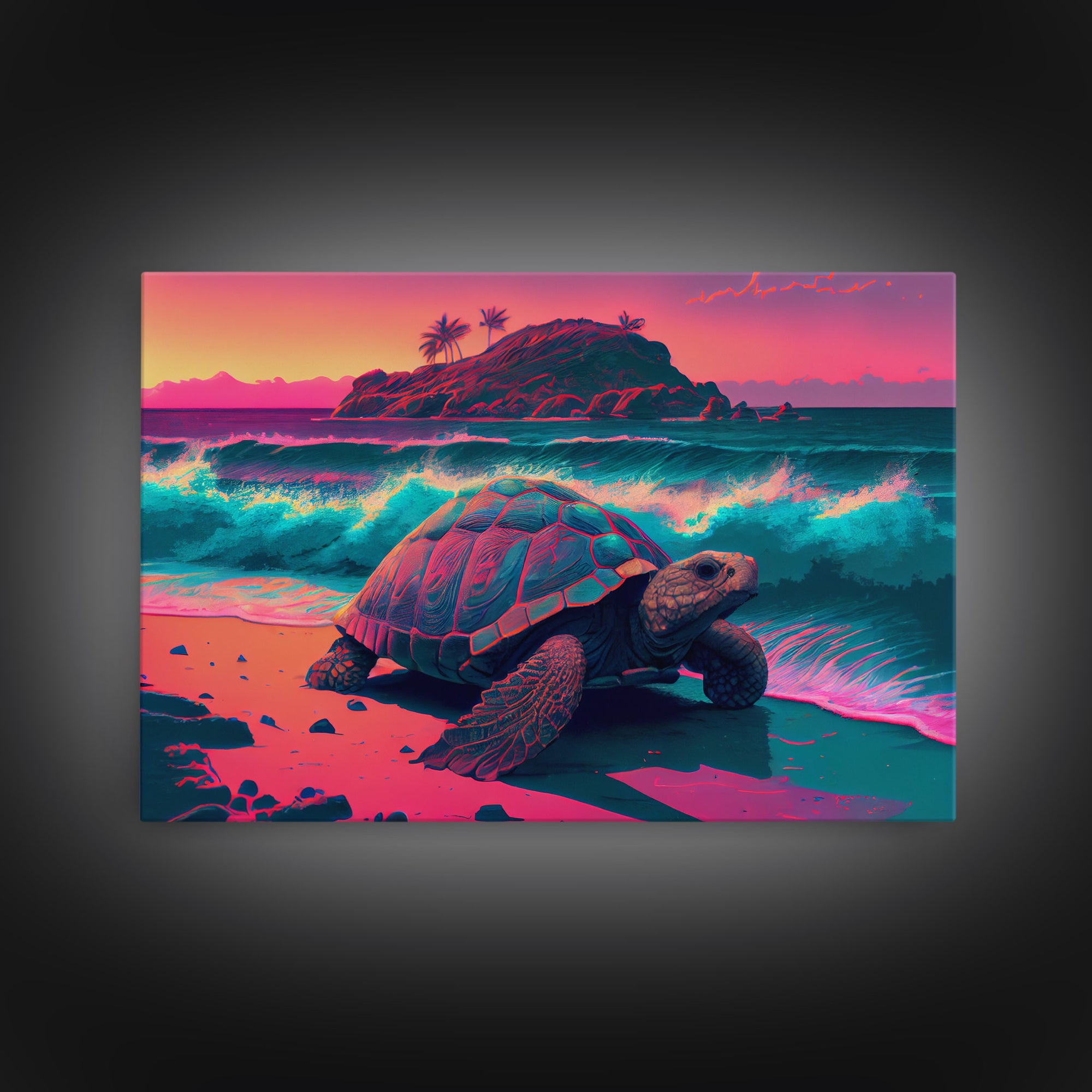 Sea turtle fighting the waves, framed canvas art, synthwave, vaporwave, animal prints