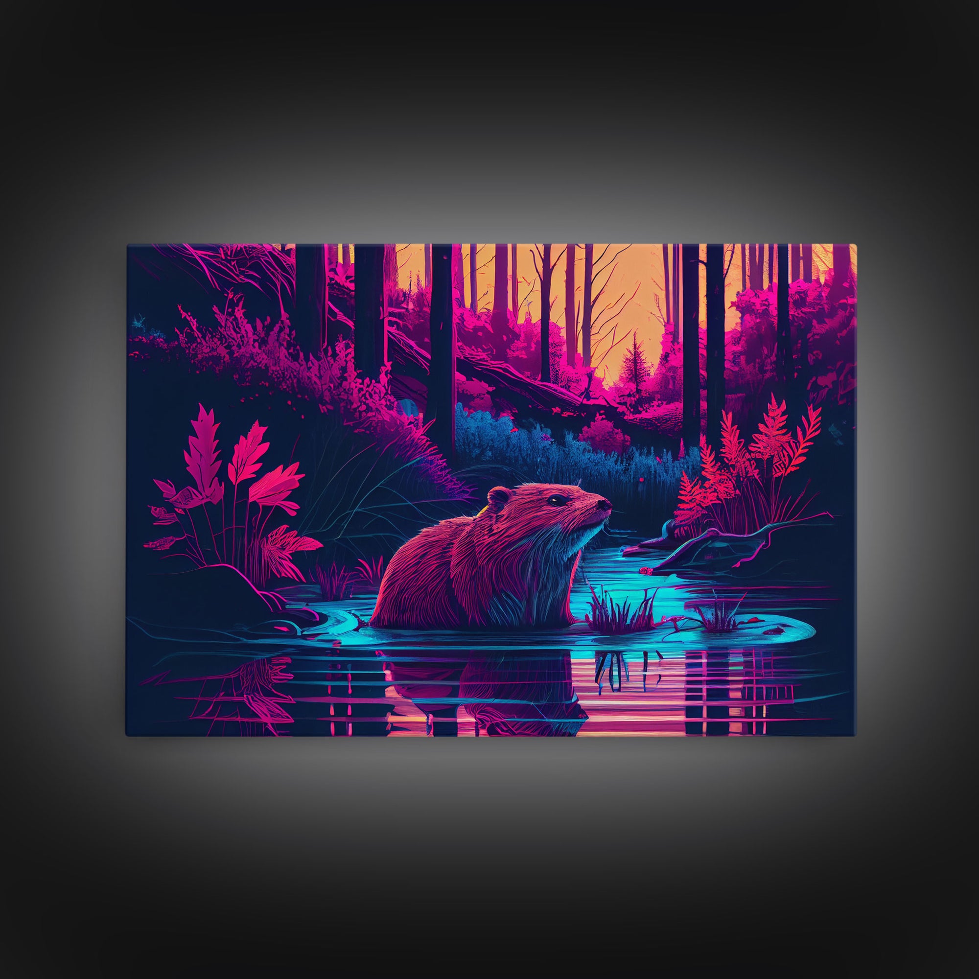 Cute beaver in a river, pink vaporwave art, animal  prints, framed canvas print, framed wall art