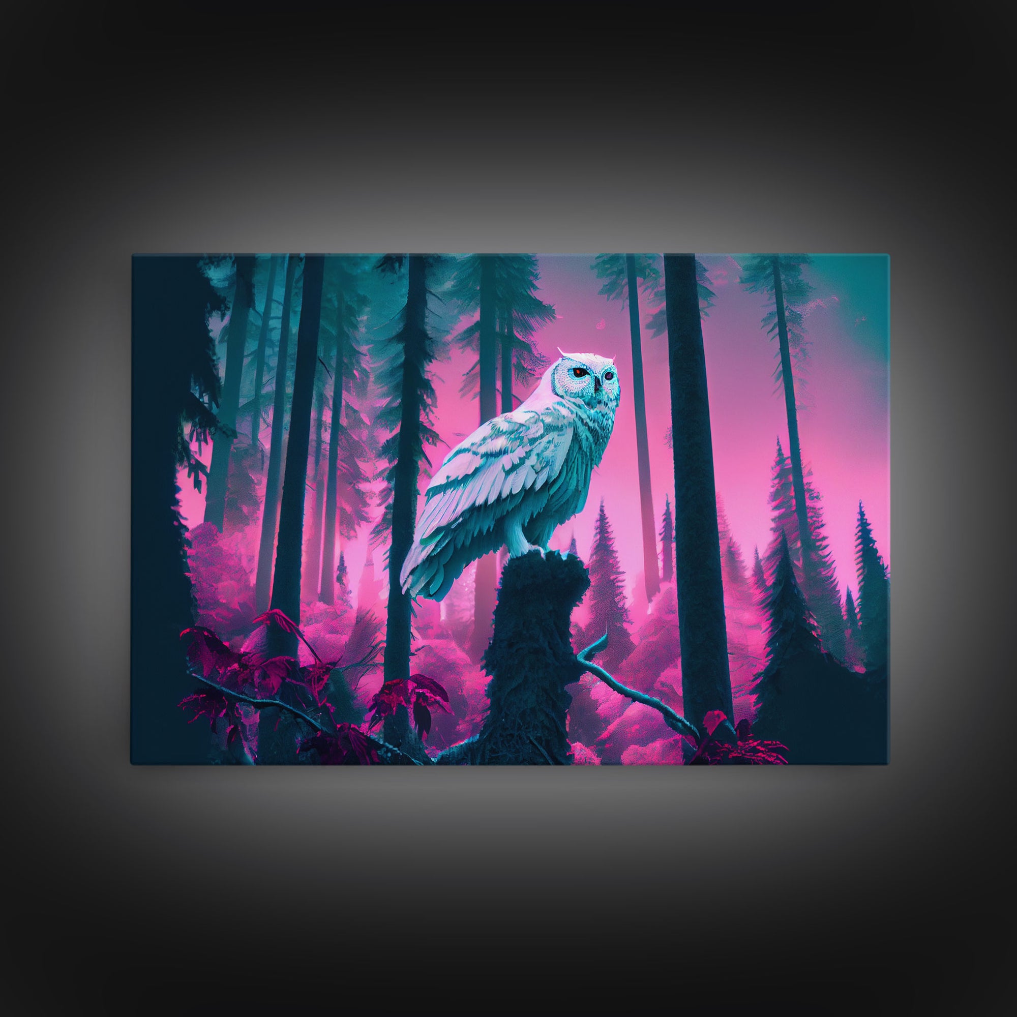 White owl in synthwave forest, vaporwave style animal print art, framed canvas print