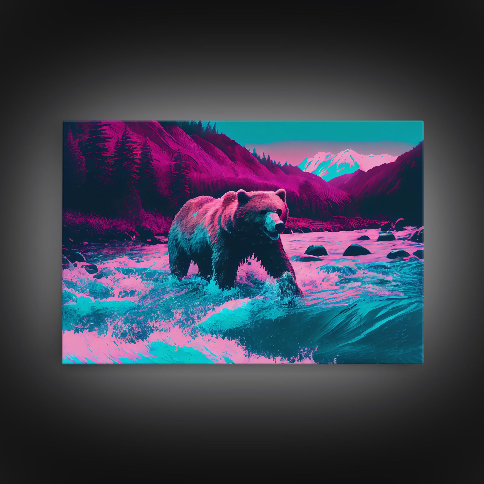 Grizzly bear crossing a river, vaporwave style animal print art, framed canvas print