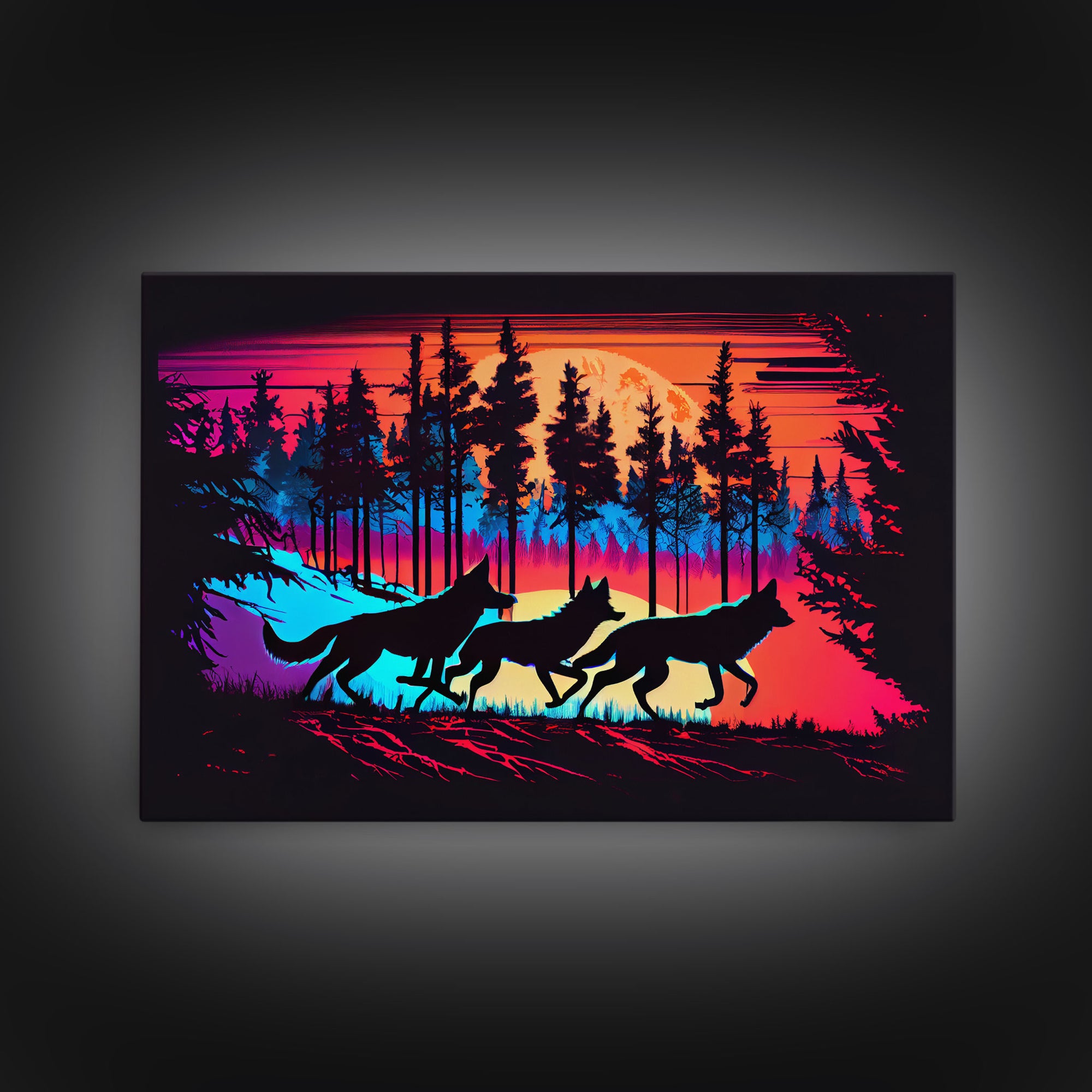 Wolves on the hunt at sunset, synthwave animal art, framed canvas print, vaporwave aesthetic animal art