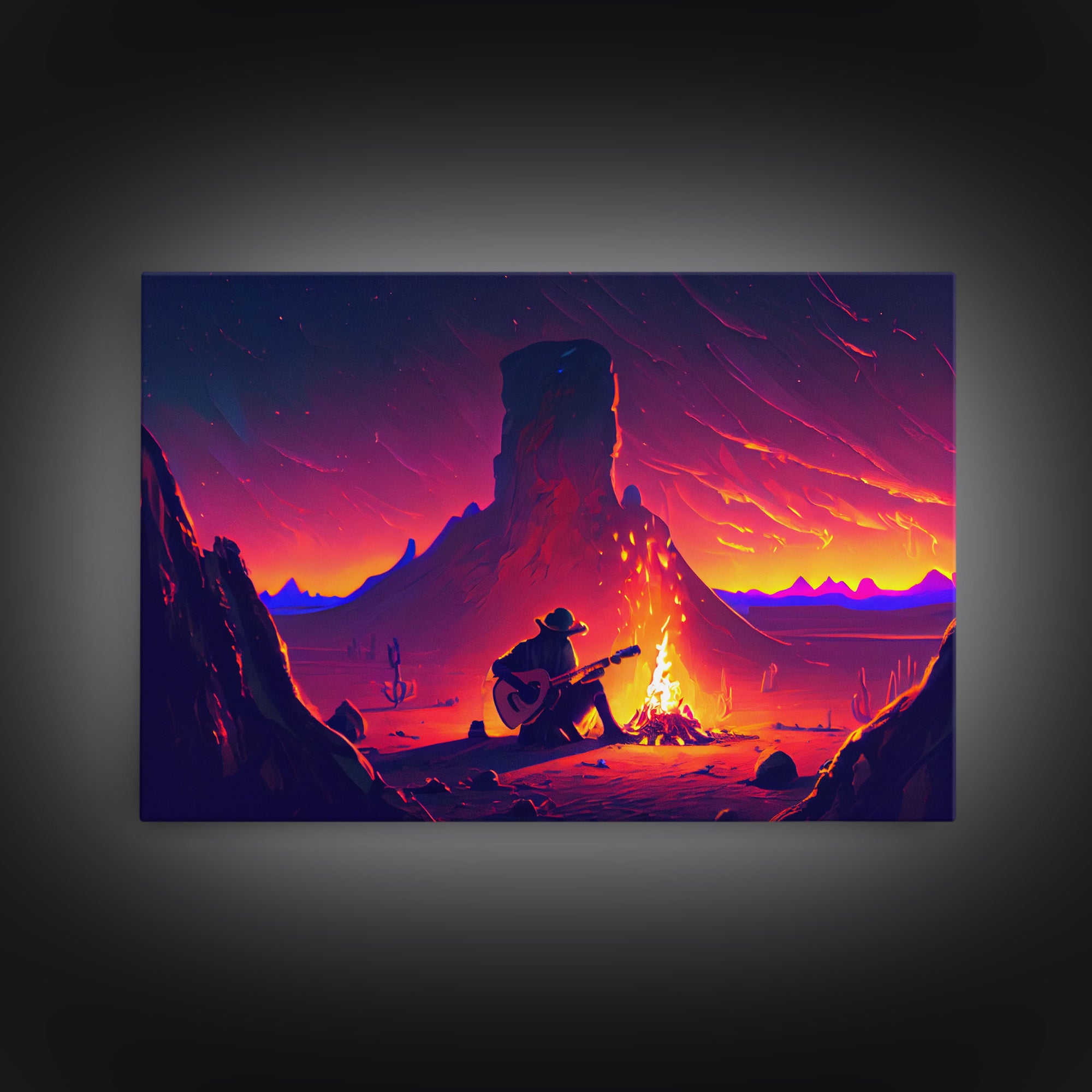 Campfire Songs, Retrowave style art, framed canvas print, synthwave art