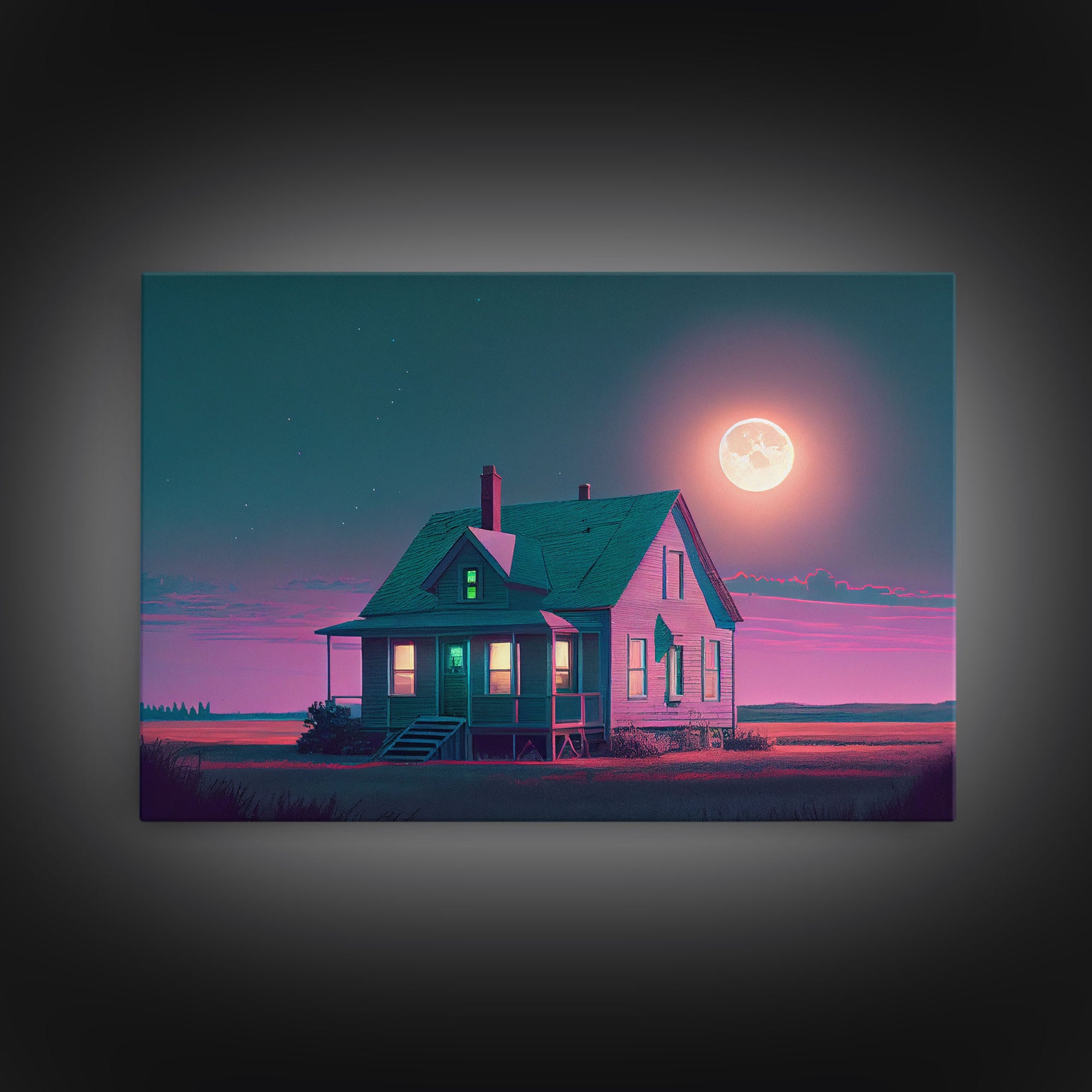 Primitive Retro Mashup, Little house on the prairie, vaporwave aesthetic style framed canvas print