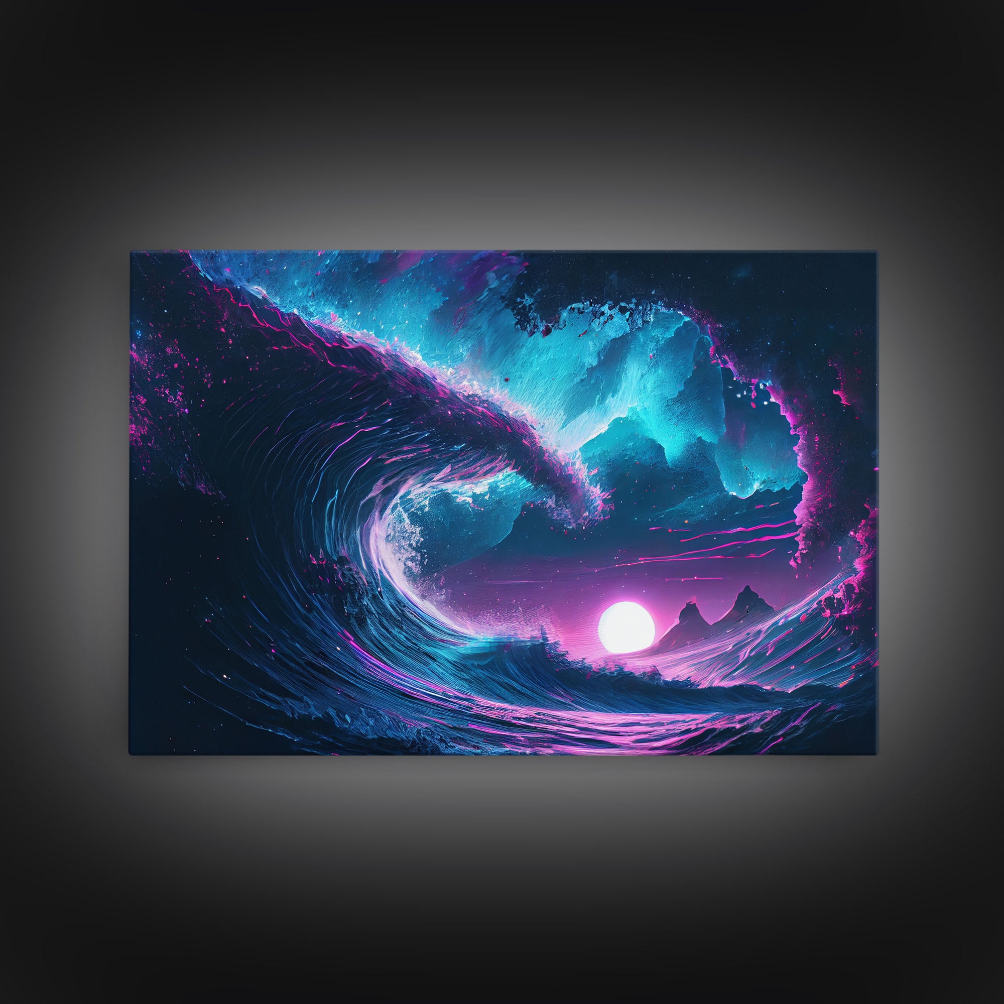 The Wave, Synthwave style ocean art, sunset in a wave, framed canvas print