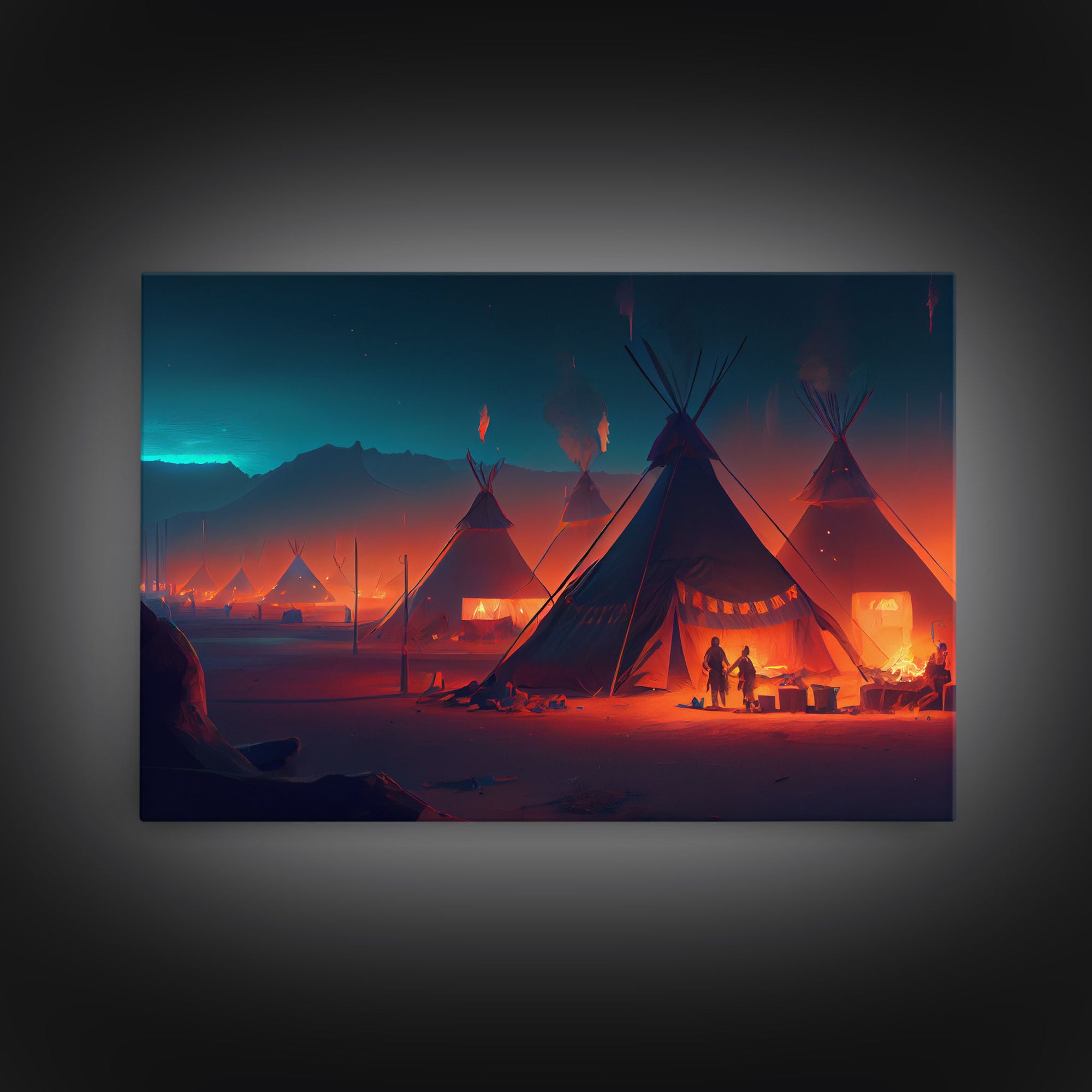 Native American Tipis, Framed Canvas Print, wild west style art