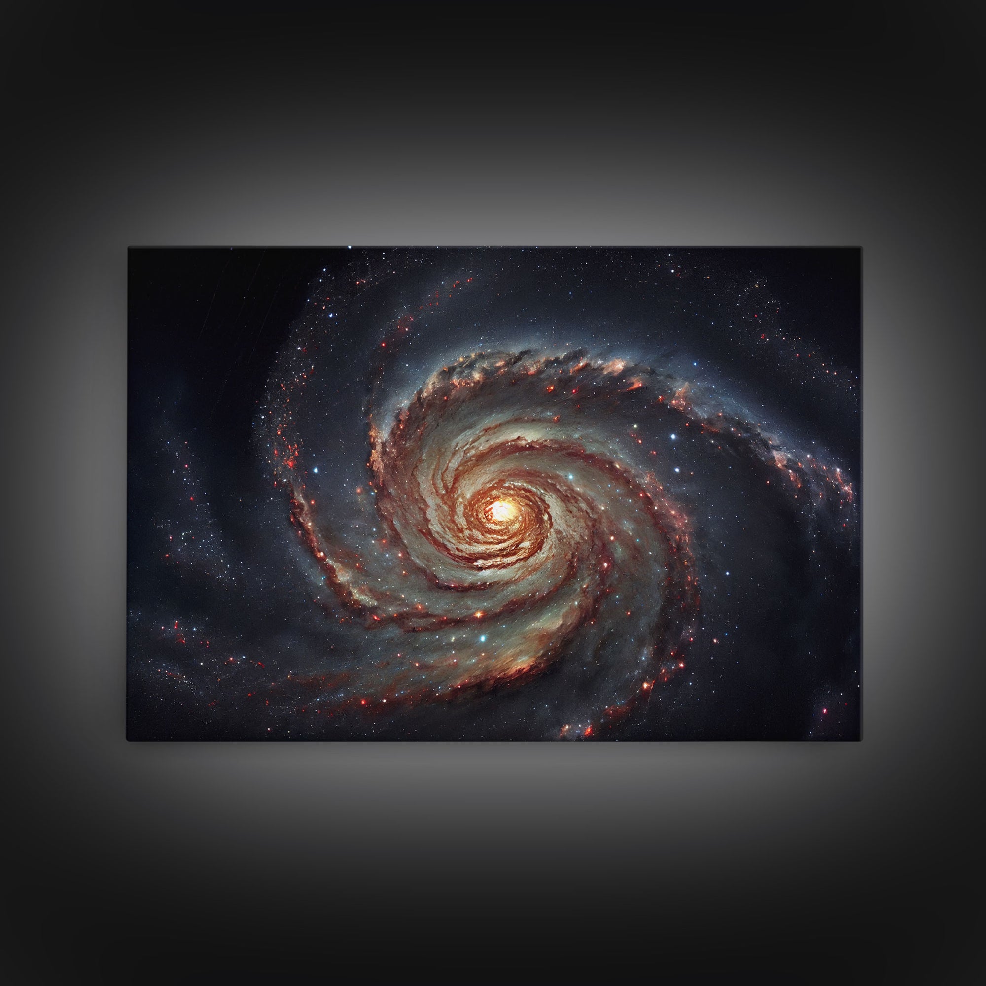 Watercolor of a distant spiral galaxy, framed canvas print, framed space art, above couch space art